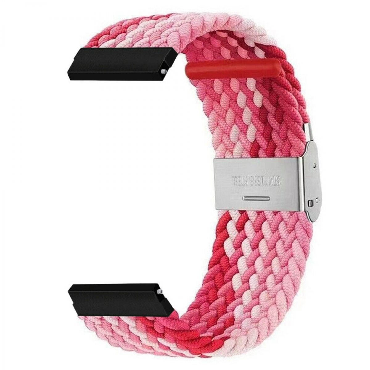 Geflochtenes Uhrenarmband in Pink und Rot. Es hat eine silberne Schnalle und schwarze Anschlüsse. Weißer Hintergrund.