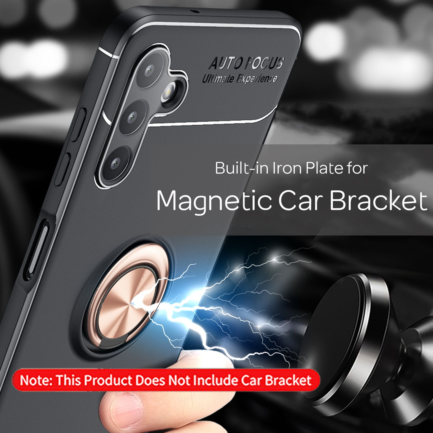 Schwarze Handyhülle mit Ringhalterung und Text 'Built-in Iron Plate for Magnetic Car Bracket'.