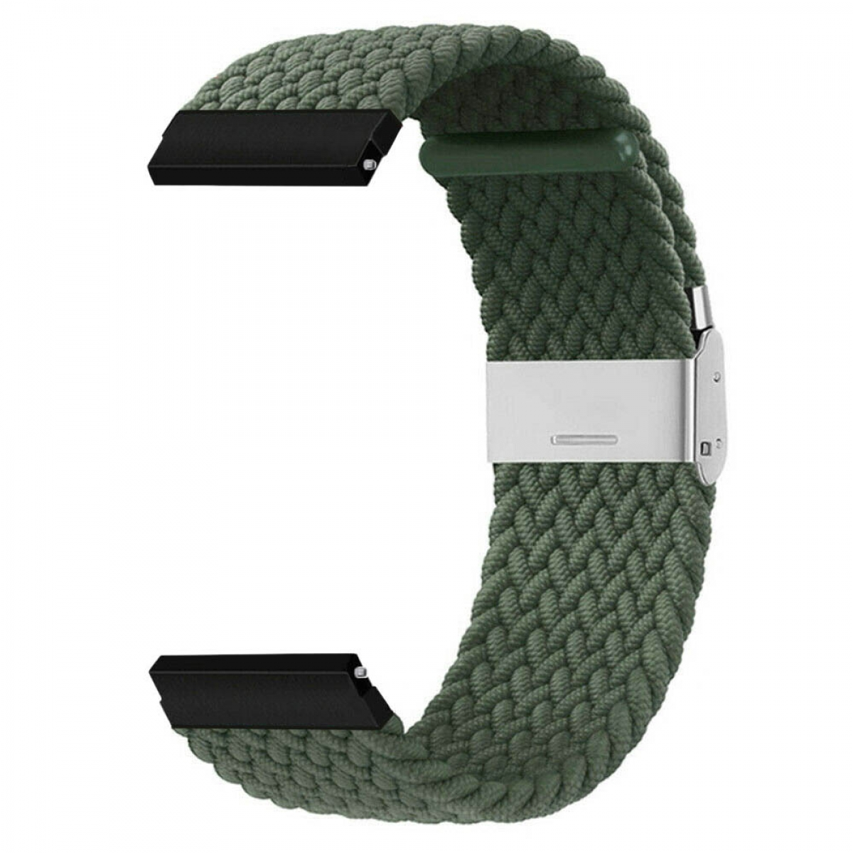Geflochtenes Uhrenarmband, grüne Farbe. Edelstahlschnalle. Schwarze Anschlüsse.