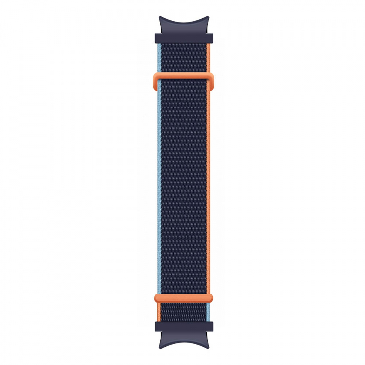 Blaues Uhrenarmband mit orangefarbenen Akzenten. Dunkelblauer Stoff, orangefarbene Verbinder. Weißer HG.