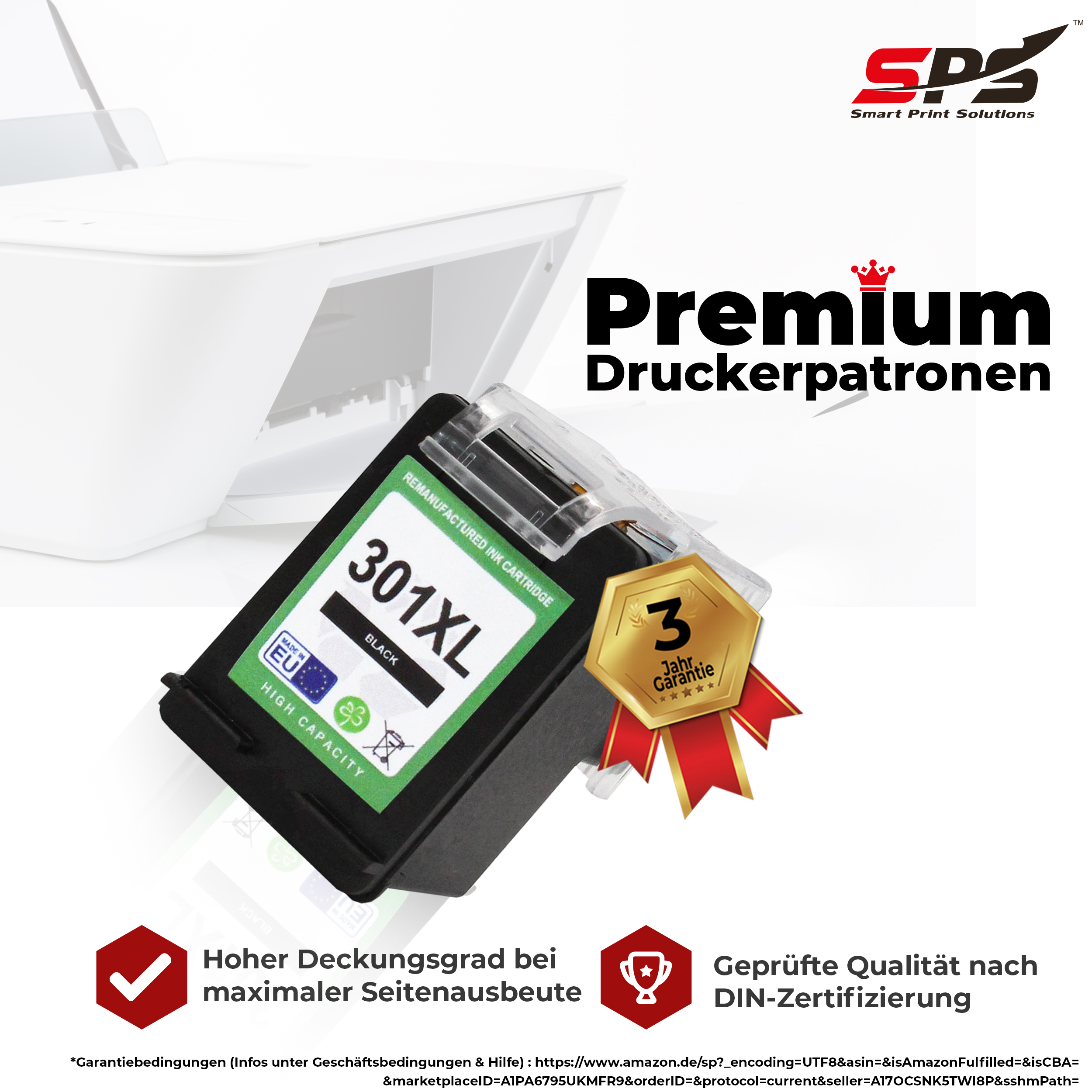 Tintenpatrone mit Text und Logo. Hintergrund mit Text und Drucker.