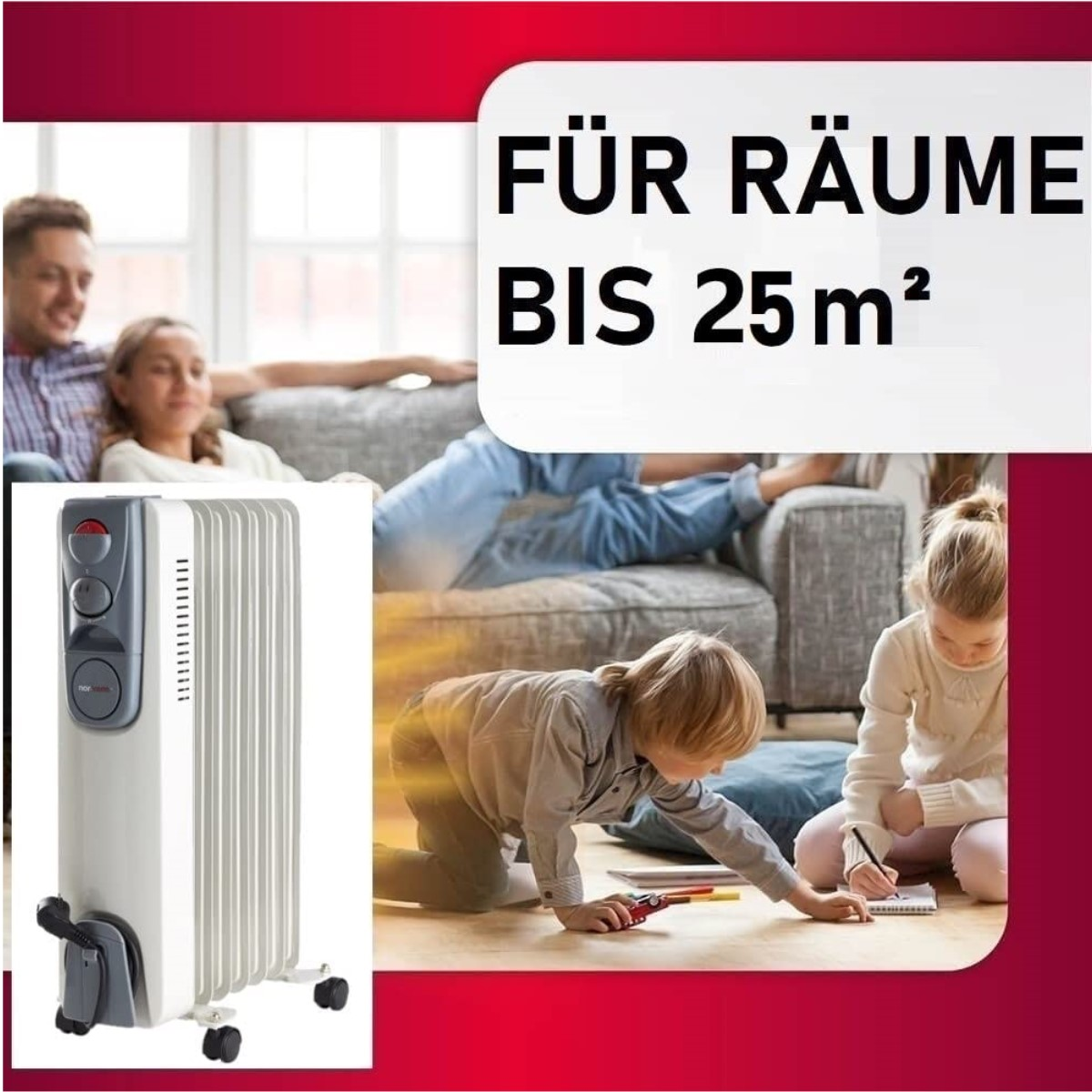 Familie in einem Wohnzimmer mit Heizung. Der Text lautet „FÜR RÄUME BIS 25 m²“.