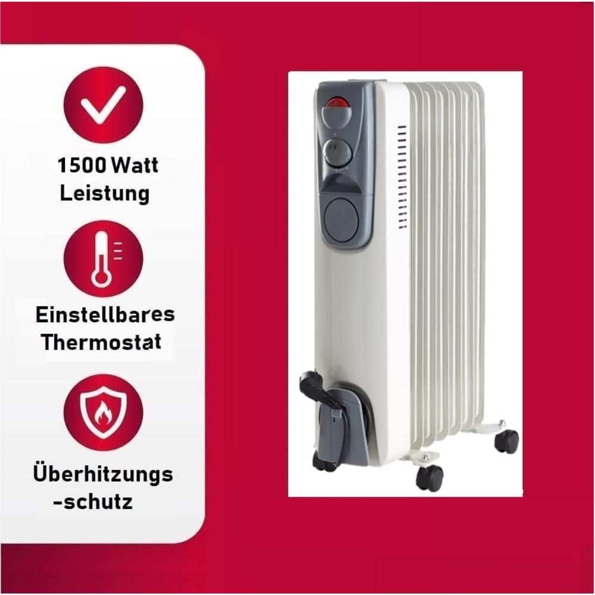Weißer Heizlüfter mit roten Akzenten. Symbole für ein Häkchen, ein Thermometer und eine Flamme.