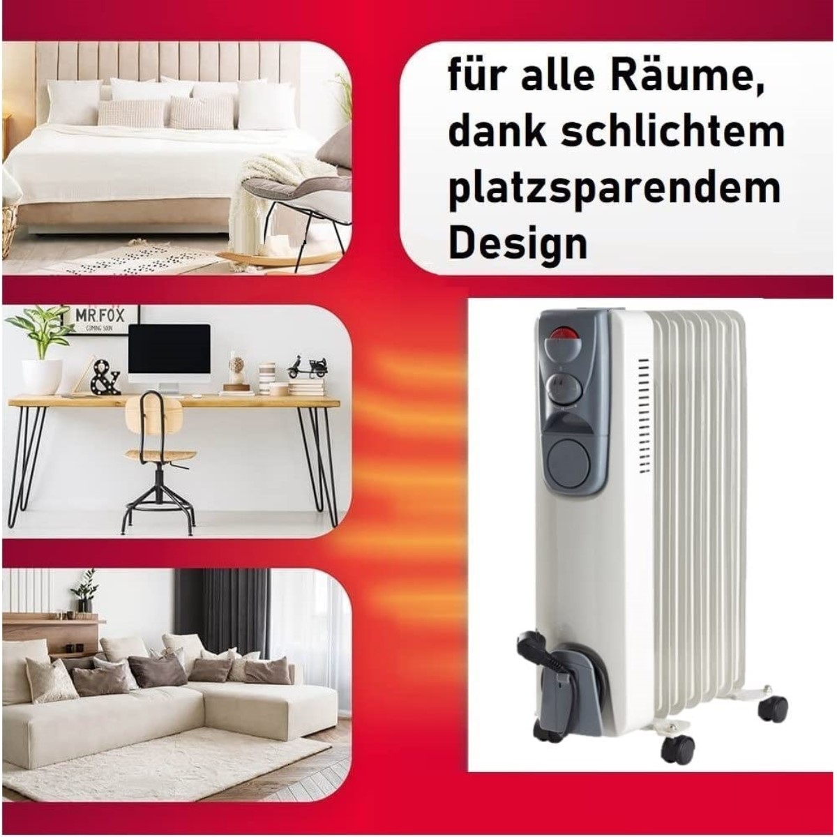 Collage von Räumen mit Heizung. Text: 'für alle Räume, dank Design'.