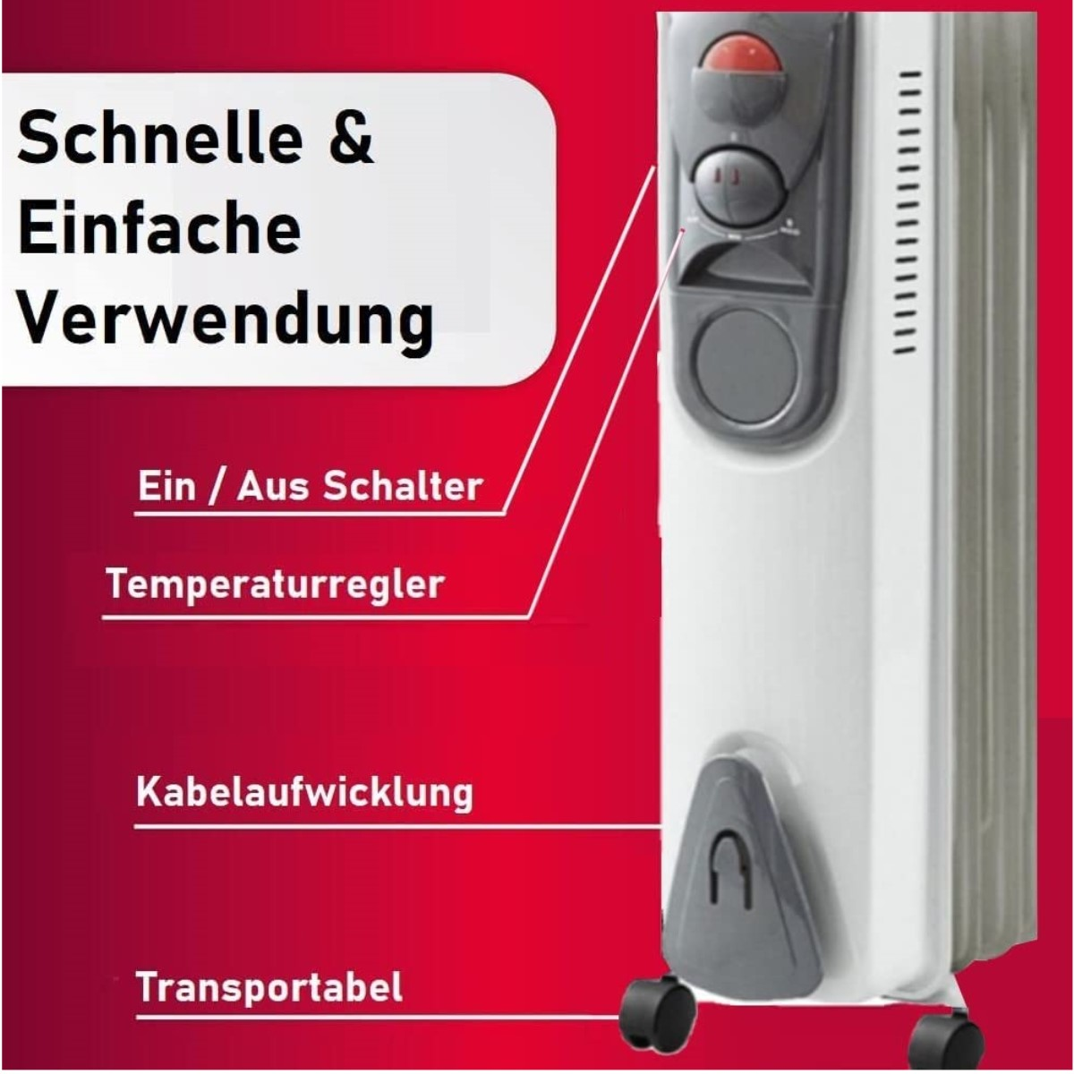 Weiß-graue Elektroheizung mit Details zum Bedienfeld. Ein roter Hintergrund mit Text dahinter.