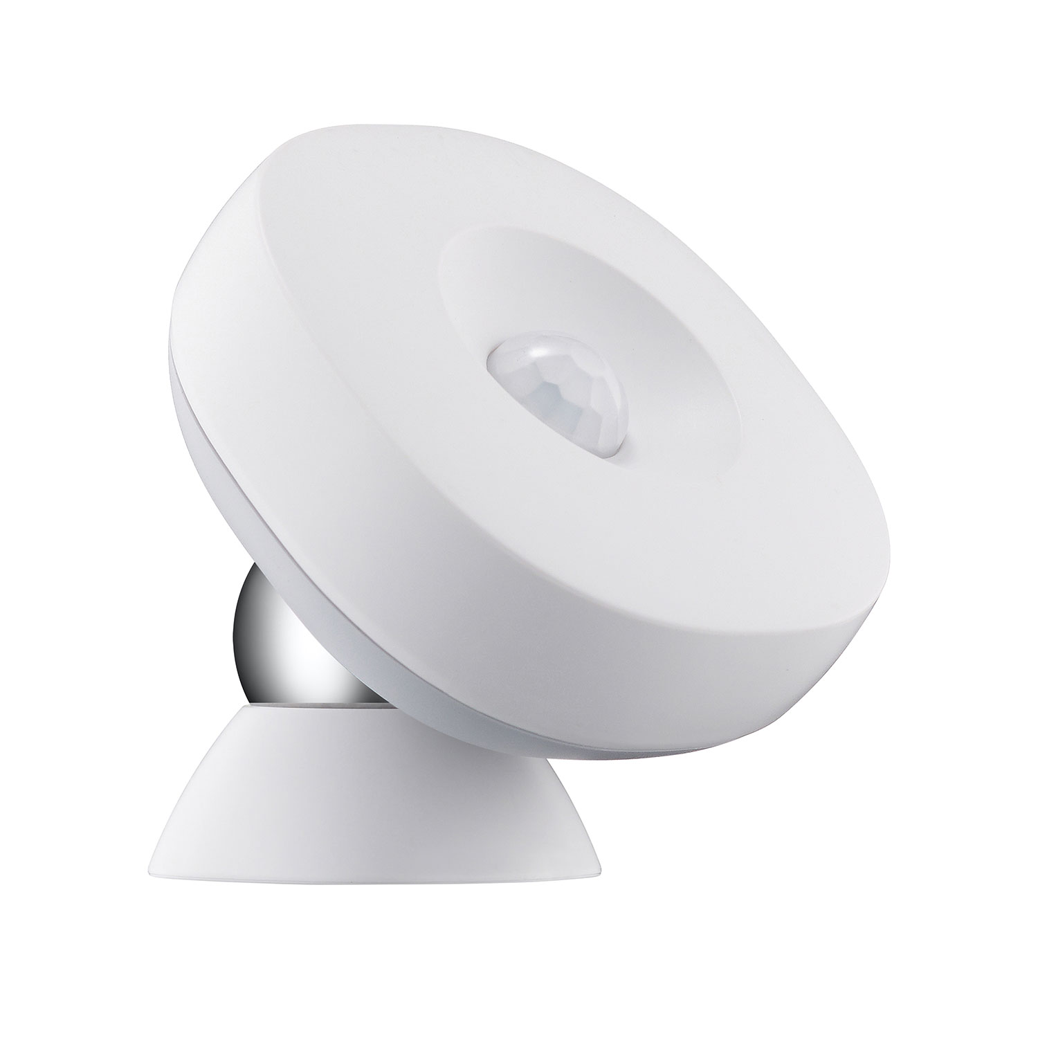 Lampe à détecteur de mouvement blanche avec rotule argentée et base blanche. Fond blanc.