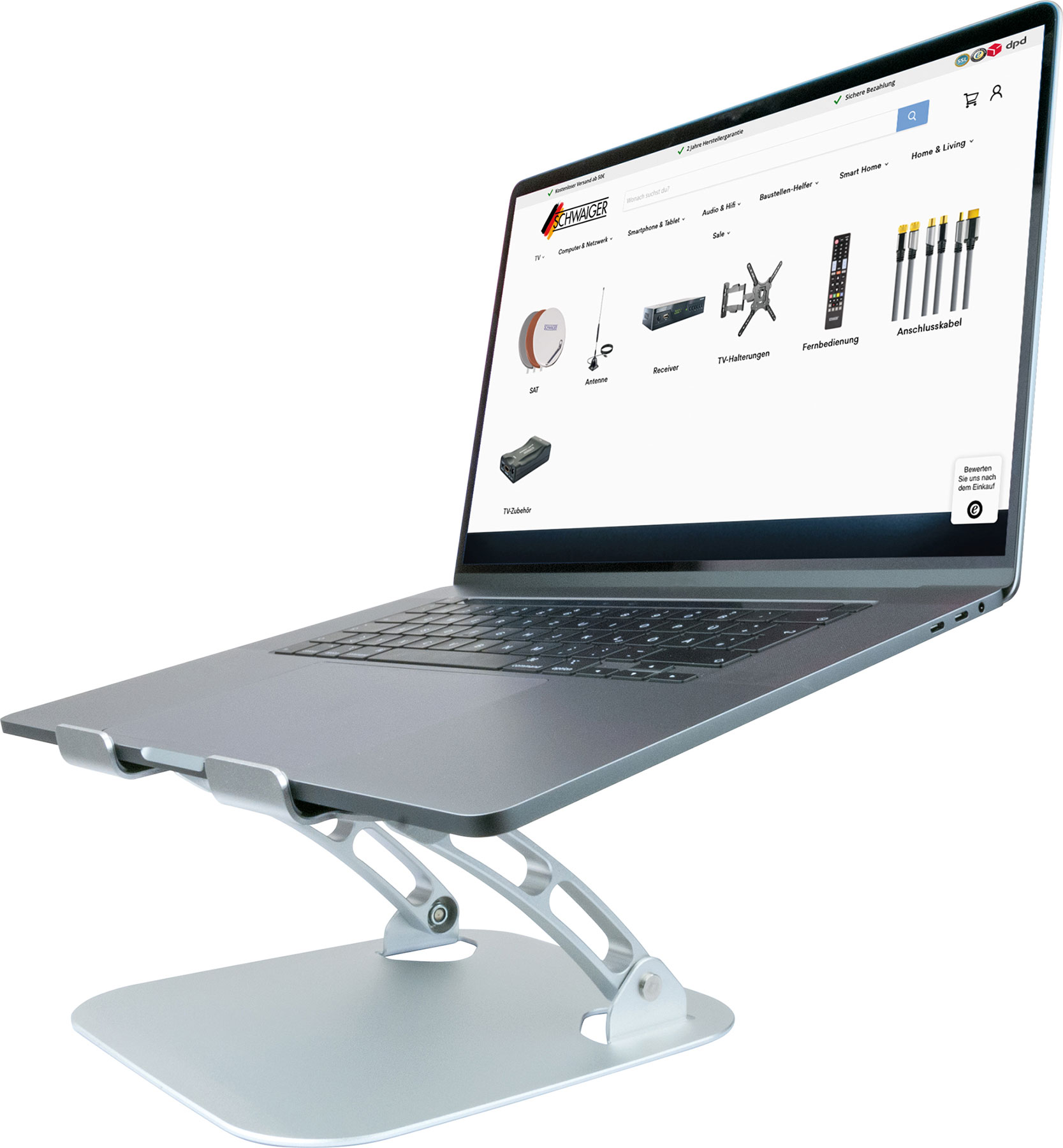 Laptop auf einem Ständer. Der Bildschirm zeigt eine Website.
