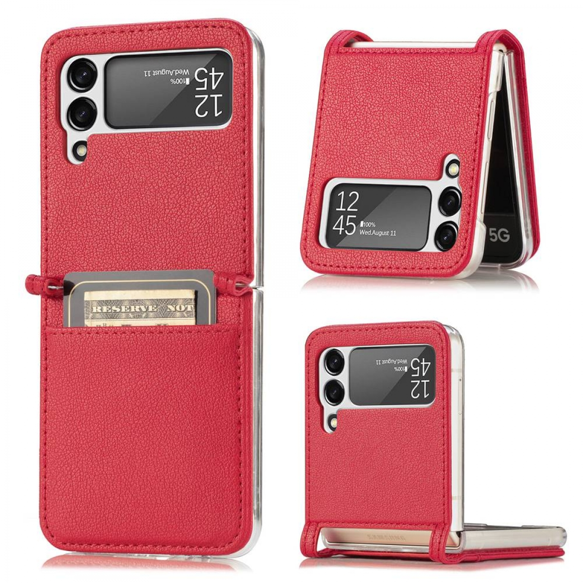 Rote Klapp-Handyhülle geöffnet, um Telefon und Kartenfach zu zeigen. Mit kleiner Tasche.