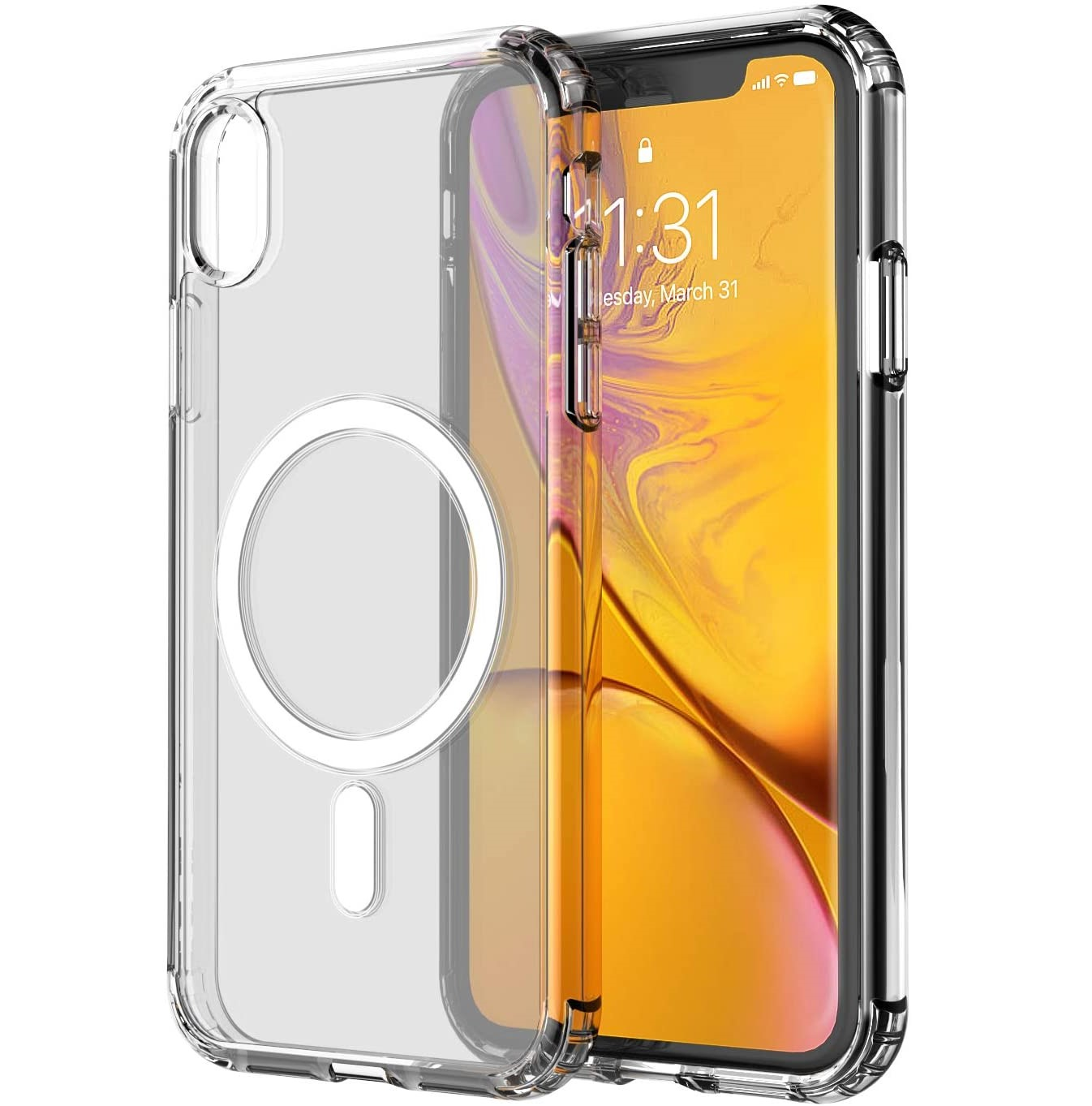 Transparente Handyhülle mit einem Magnetkreis auf der Rückseite und einem Telefon darin.