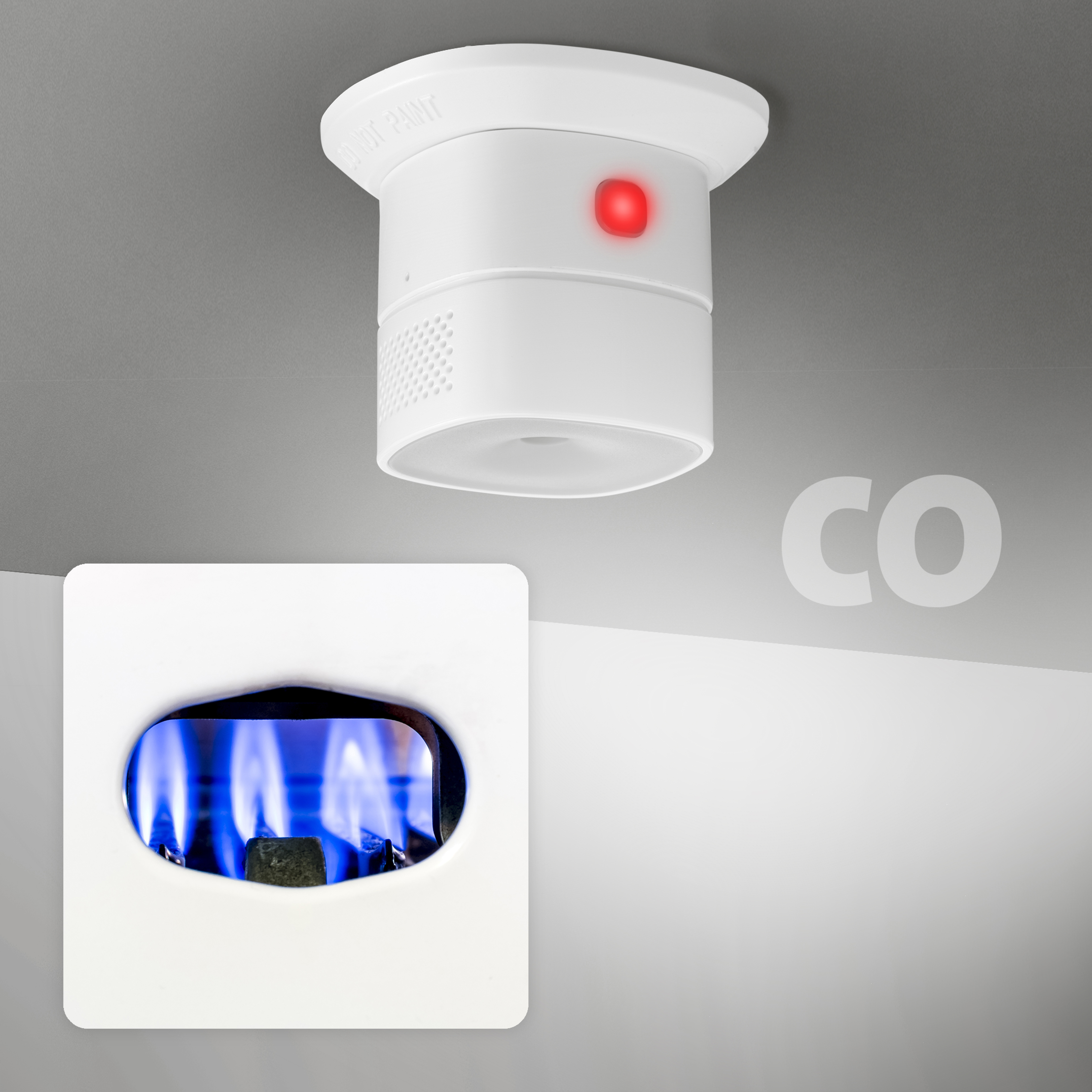 Ein weißer Rauchmelder mit rotem Licht und eine blaue Flamme in einem quadratischen Rahmen. Das Wort 'CO' ist sichtbar.