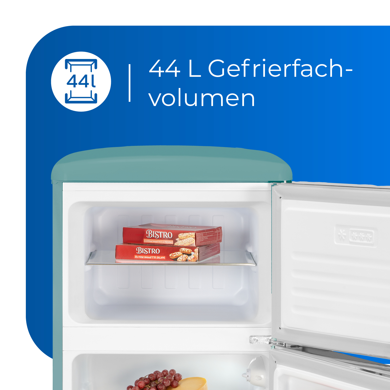 Un refrigerador turquesa con la puerta abierta mostrando comida dentro, con texto: 44 L volumen.