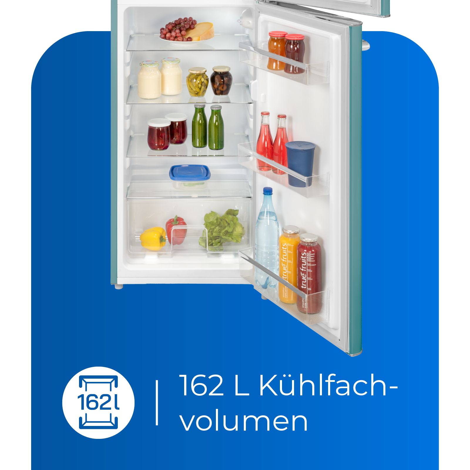 Refrigerador abierto con alimentos variados y estantes, con texto debajo.