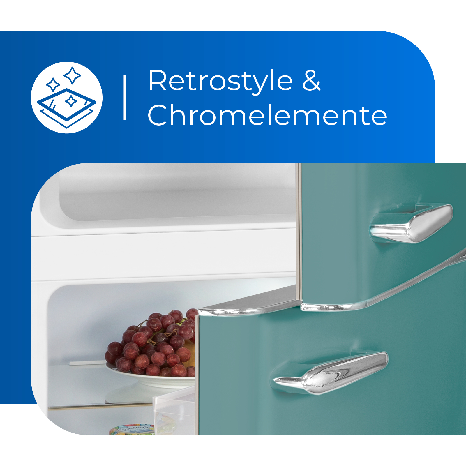 Un frigorífico con la puerta abierta, mostrando uvas y texto: Retrostyle & Chromelemente.