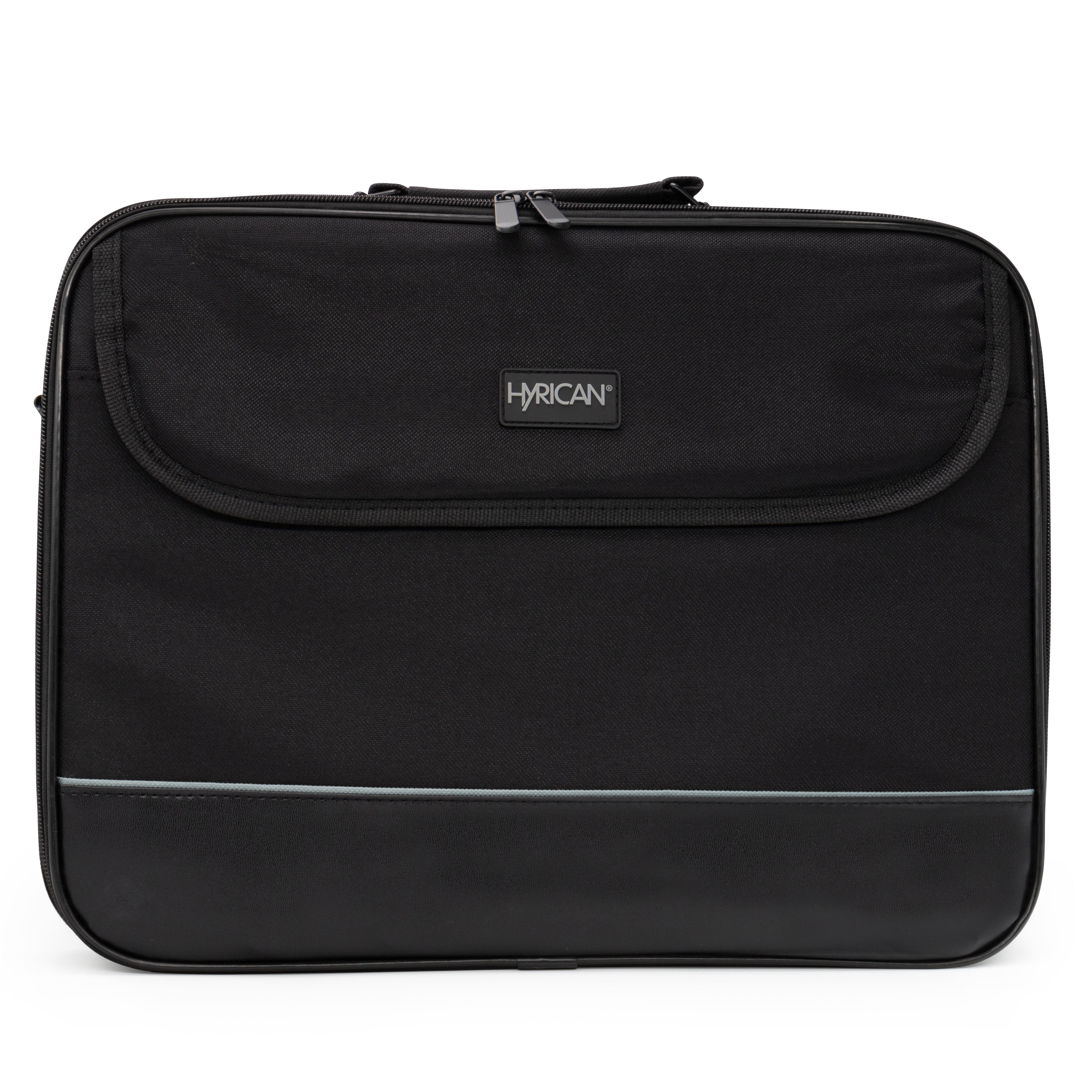 Schwarze Laptoptasche. Rechteckige Form mit Reißverschluss und HYRICAN-Etikett.