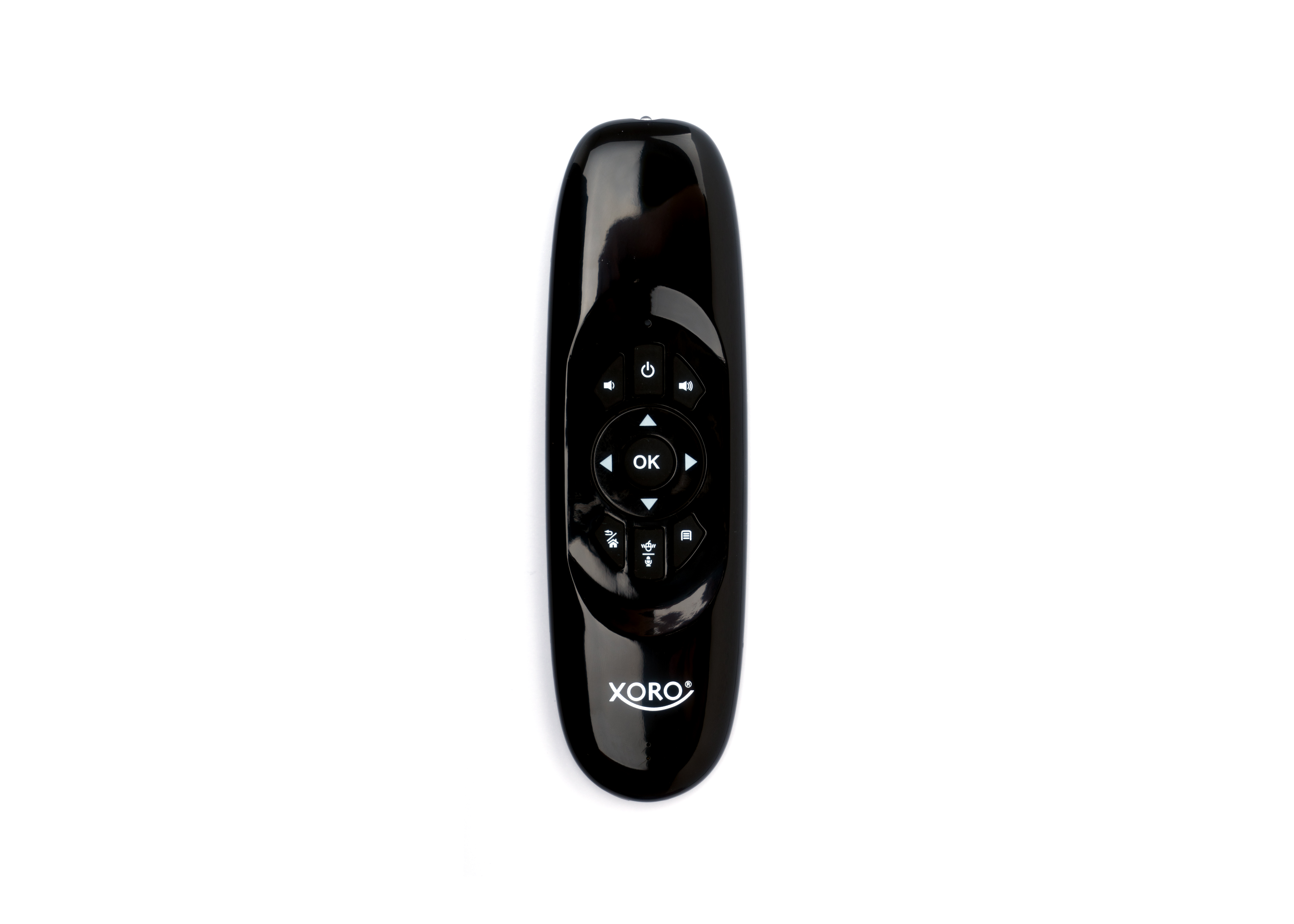 Telecomando nero con più pulsanti su sfondo bianco.