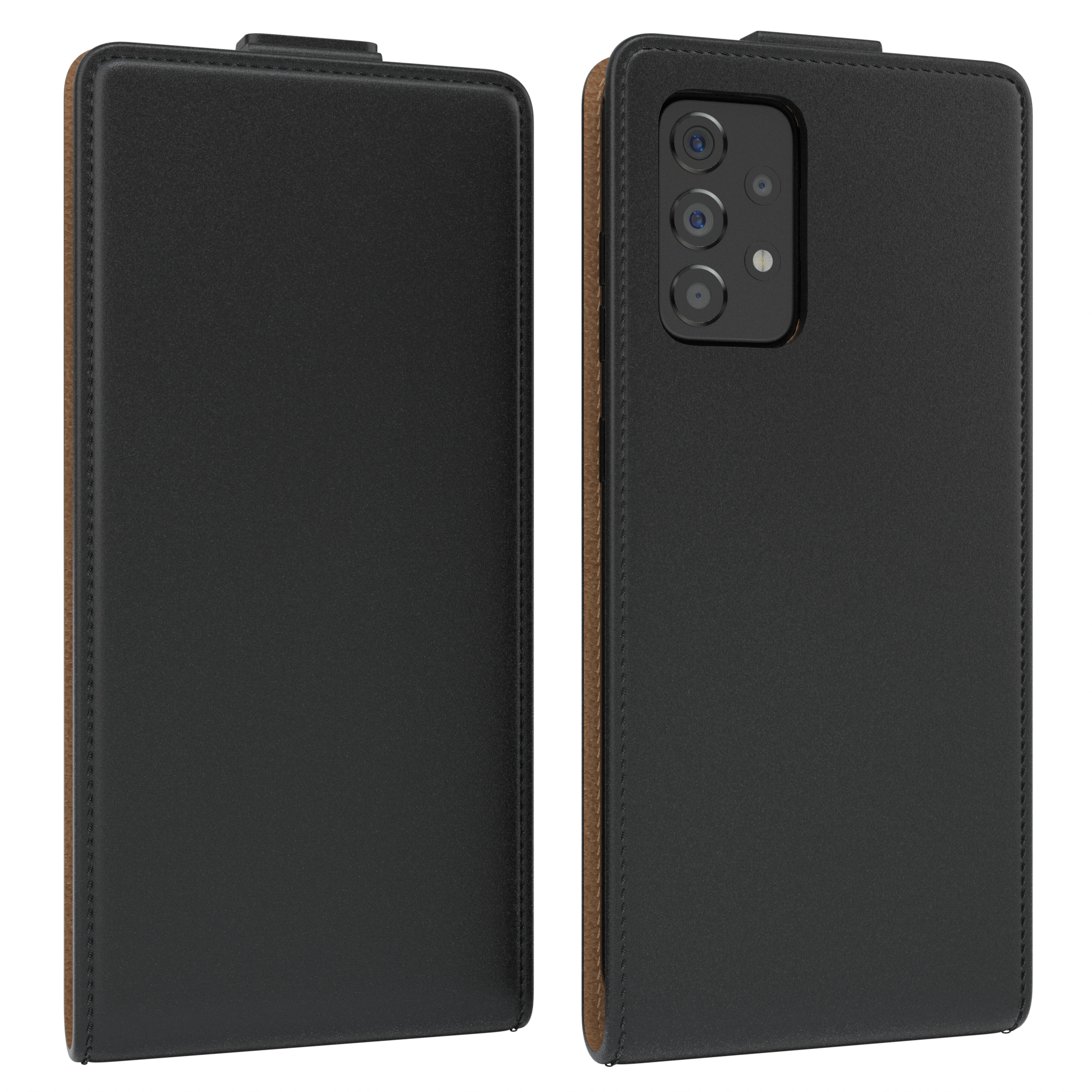 Eine schwarze Handyhülle. Sie hat eine Abdeckung und hält ein schwarzes Telefon. Eine Kamera ist sichtbar.