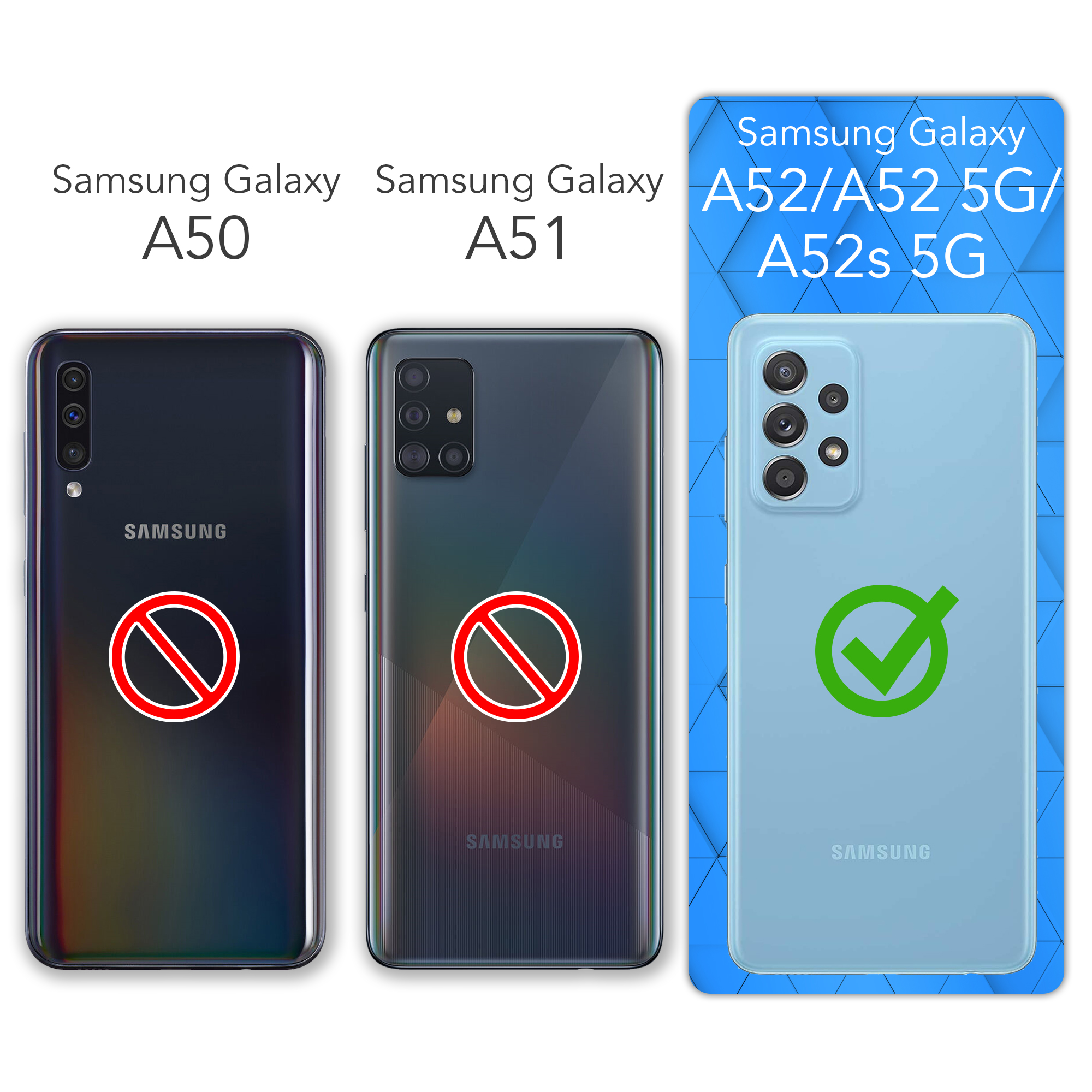Drei Telefone, die Samsung Galaxy A50, A51 und A52, A52s, A52s 5G zeigen. A52 ist markiert.