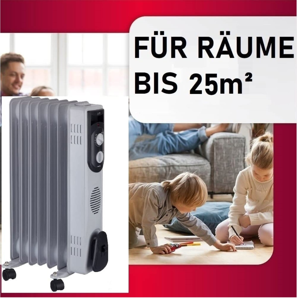 Ölheizung mit Text: Für Räume bis 25 m². Familie im Hintergrund.