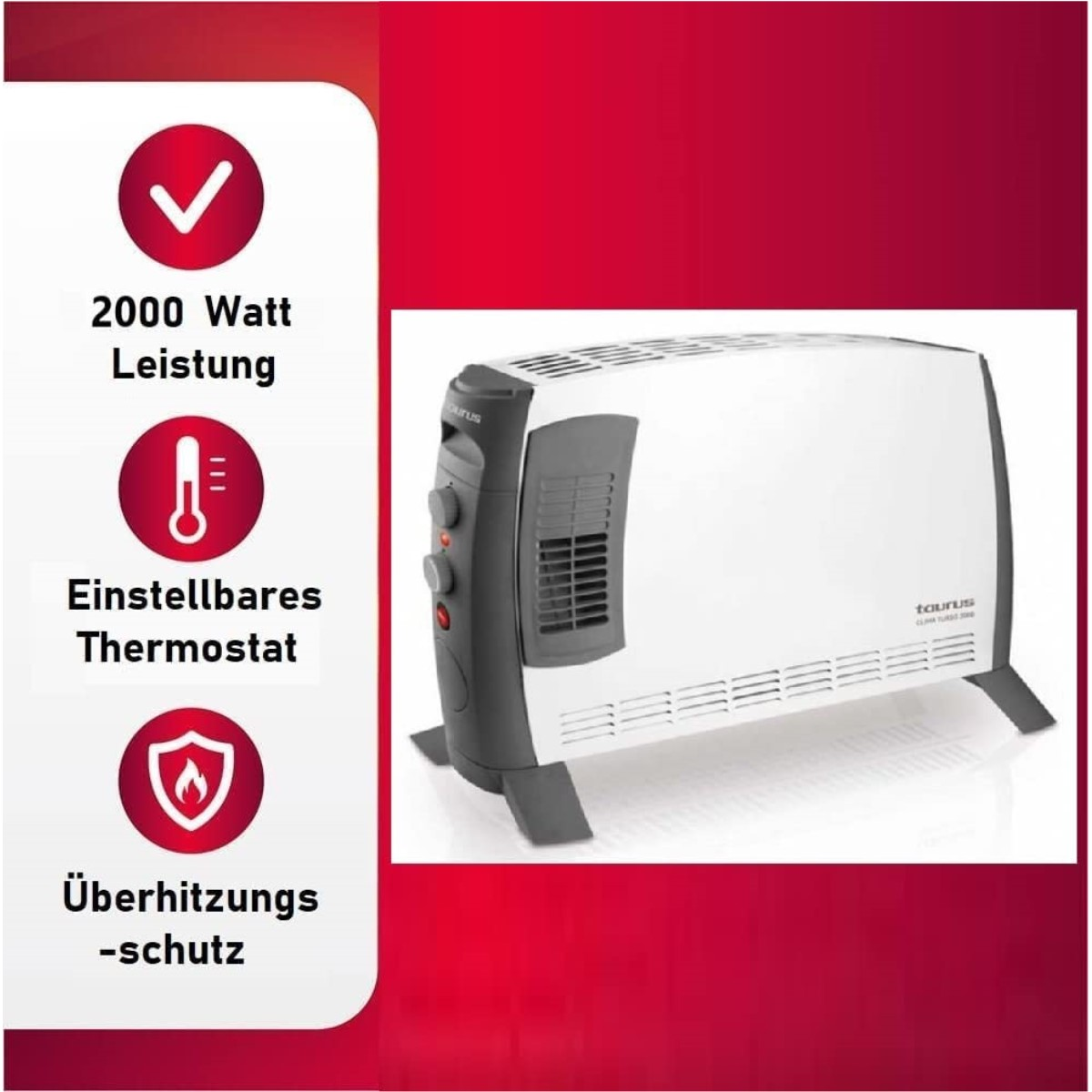 Ein weißer Heizlüfter mit Bedienknöpfen und Warnsymbolen auf rotem Hintergrund.