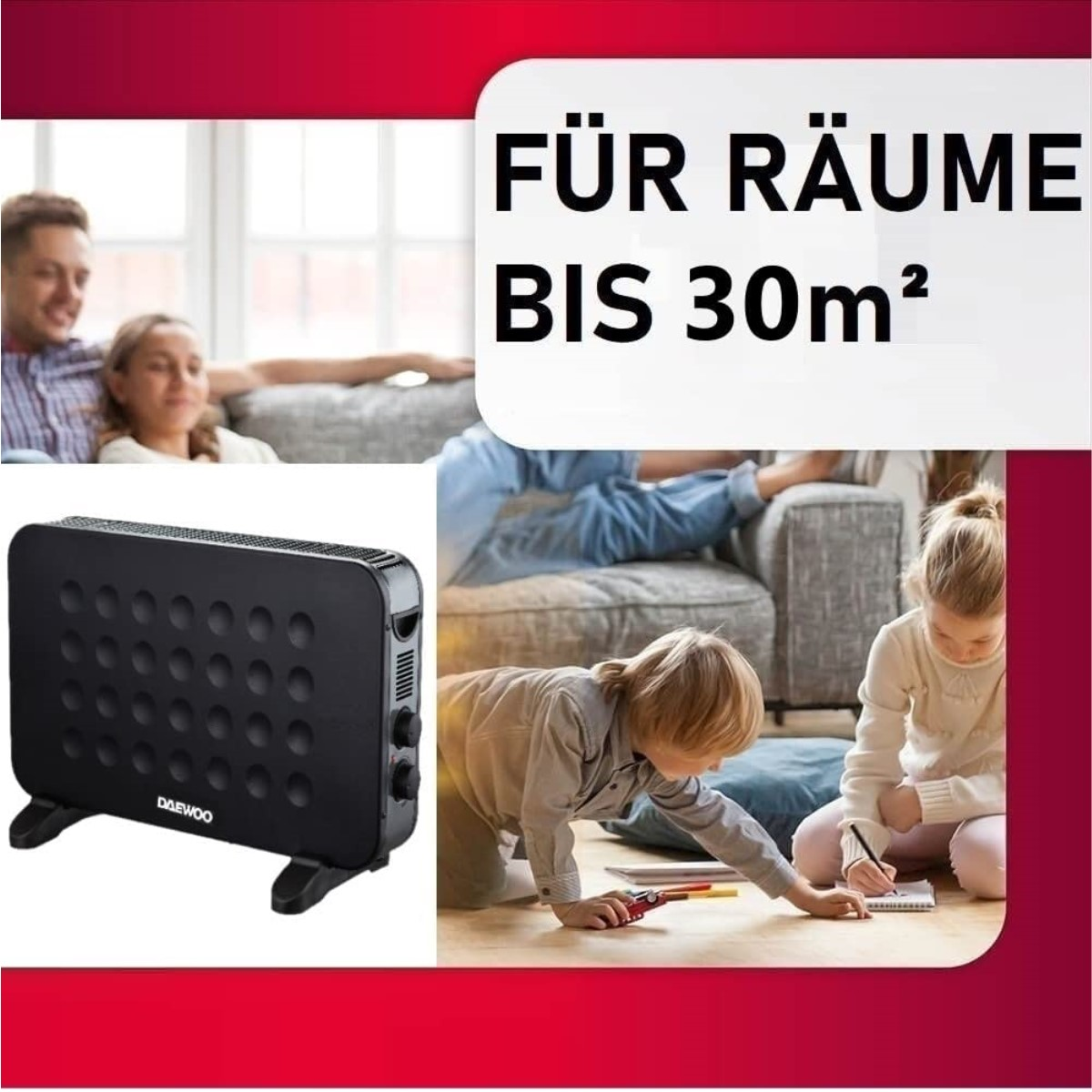 Schwarze Heizung vor einer Familie, mit dem Text 'FÜR RÄUME BIS 30m²' und Personen im Hintergrund.