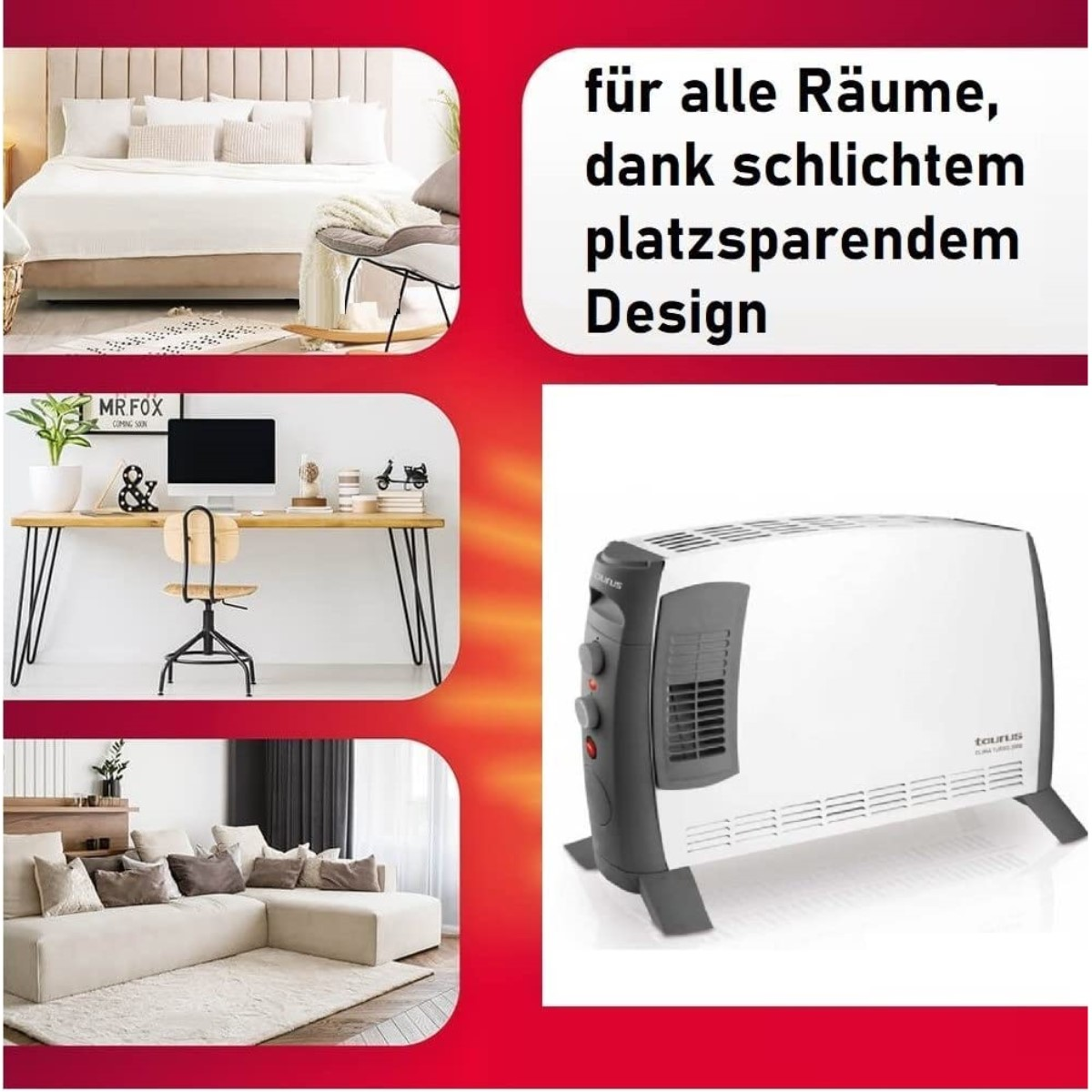 Ein weißer Heizlüfter mit schwarzen Details. Das Bild enthält Beispiele für verschiedene Wohnräume.