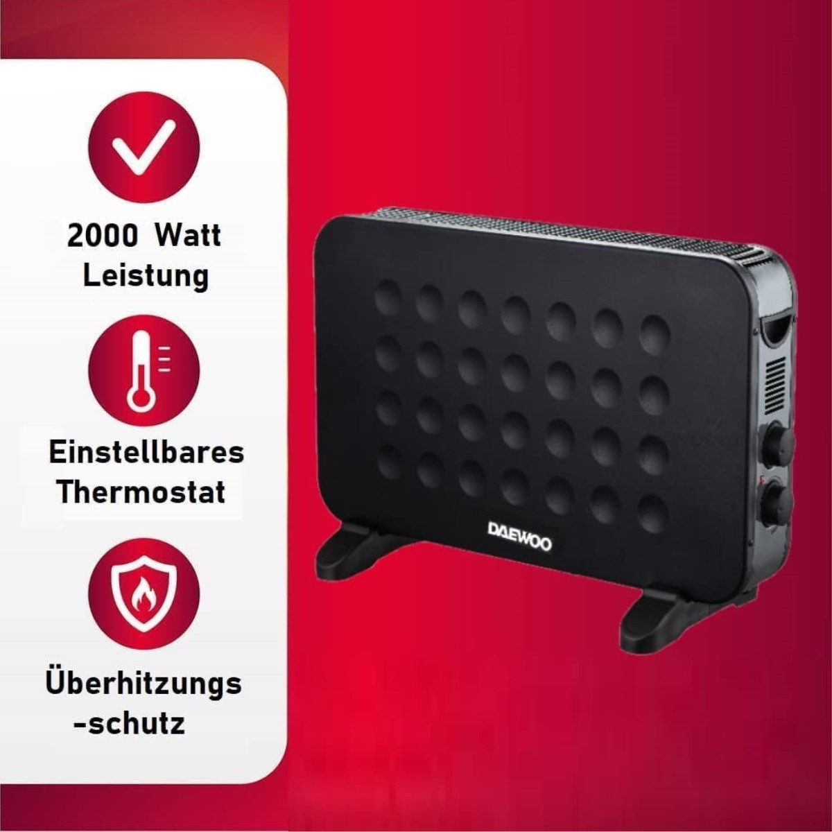Schwarzer Daewoo-Heizlüfter mit roten Etiketten auf rotem Hintergrund.
