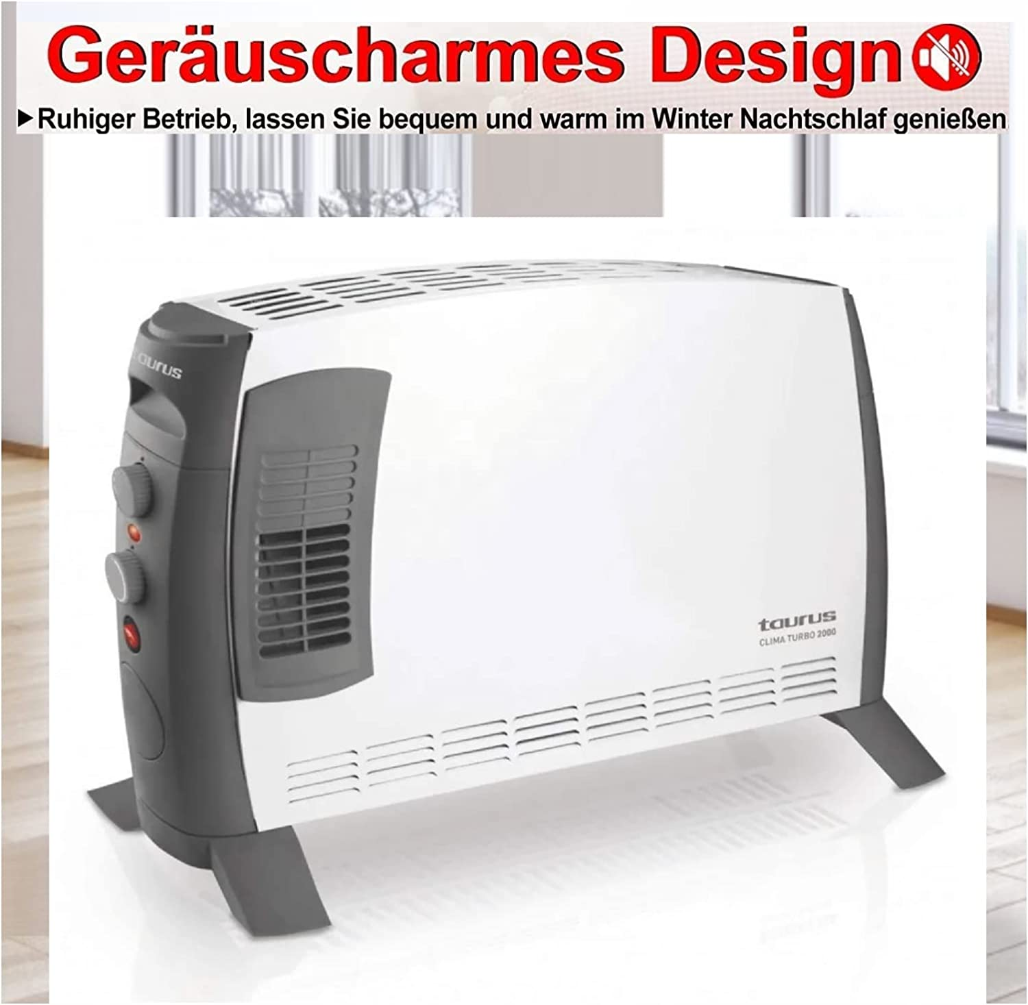 Weiß-graue Elektroheizung mit Bedienelementen. Weißer Hintergrund, Text oben.