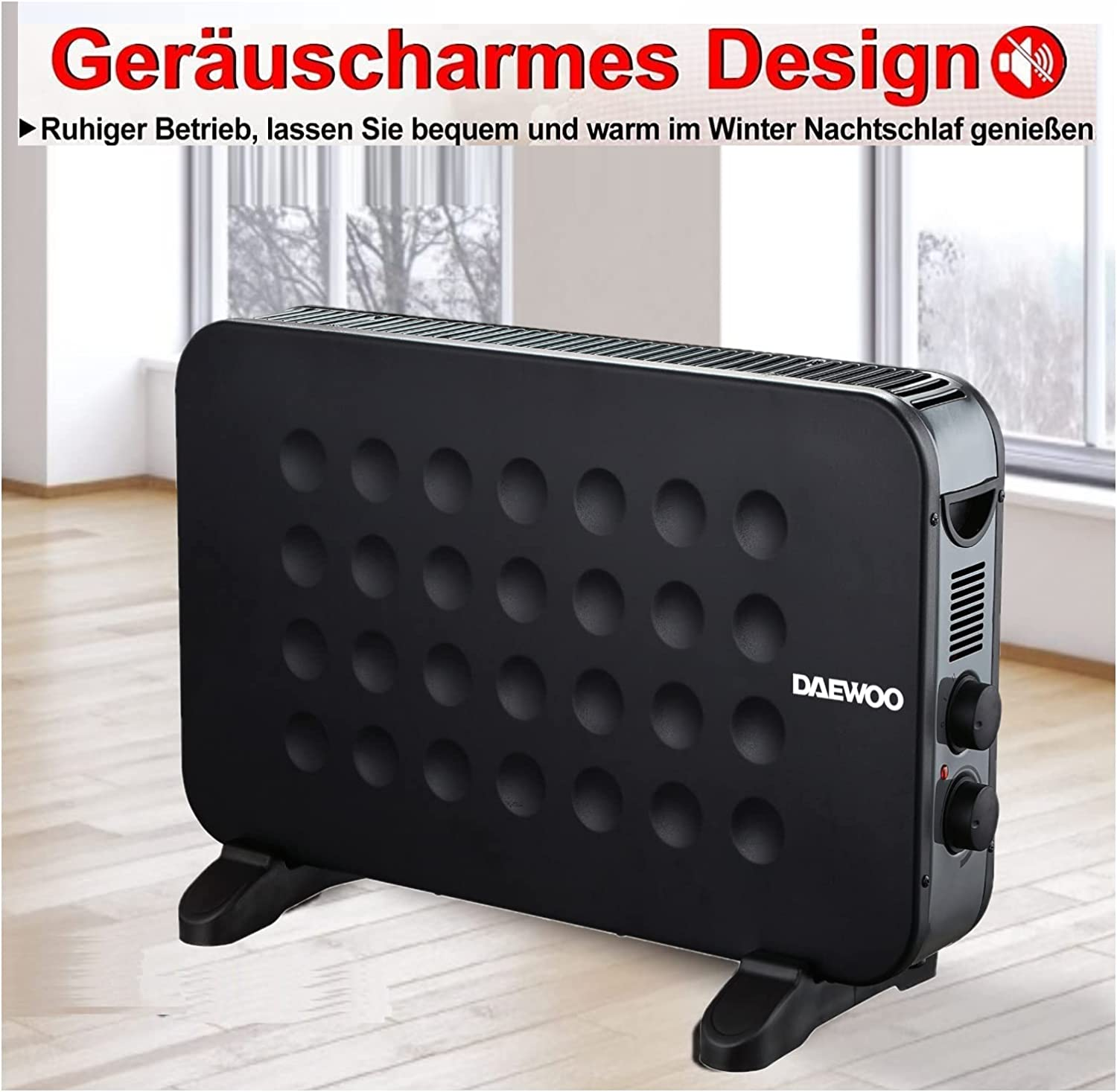 Schwarze Heizung mit Daewoo-Logo vor einem Fenster. Text: "Geräuscharmes Design".