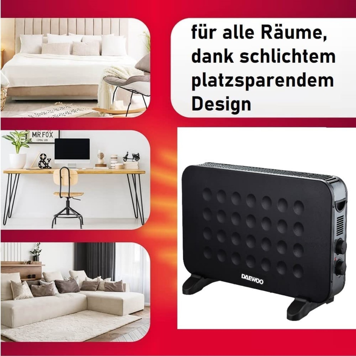 Schwarzer Daewoo-Heizkörper. Szenen von Schlafzimmer, Schreibtisch und Wohnzimmer.