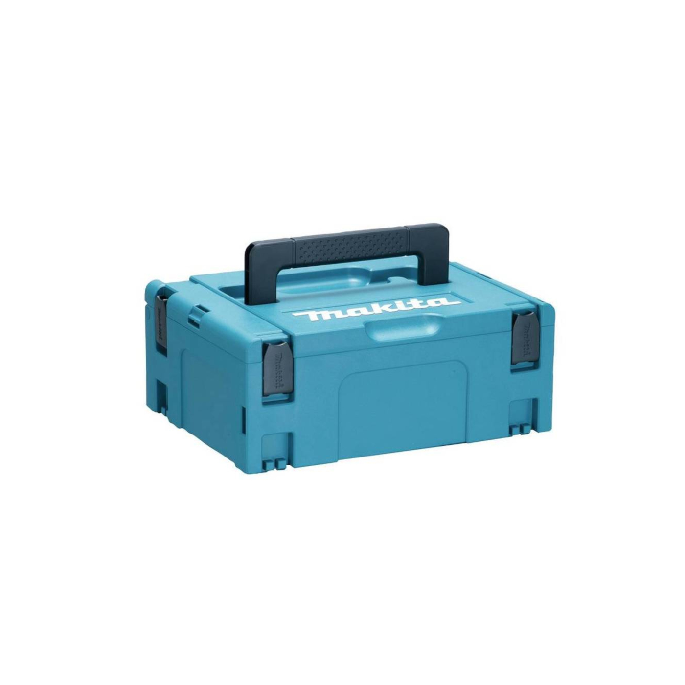 Niebieska skrzynka narzędziowa Makita z czarnym uchwytem. Białe tło.