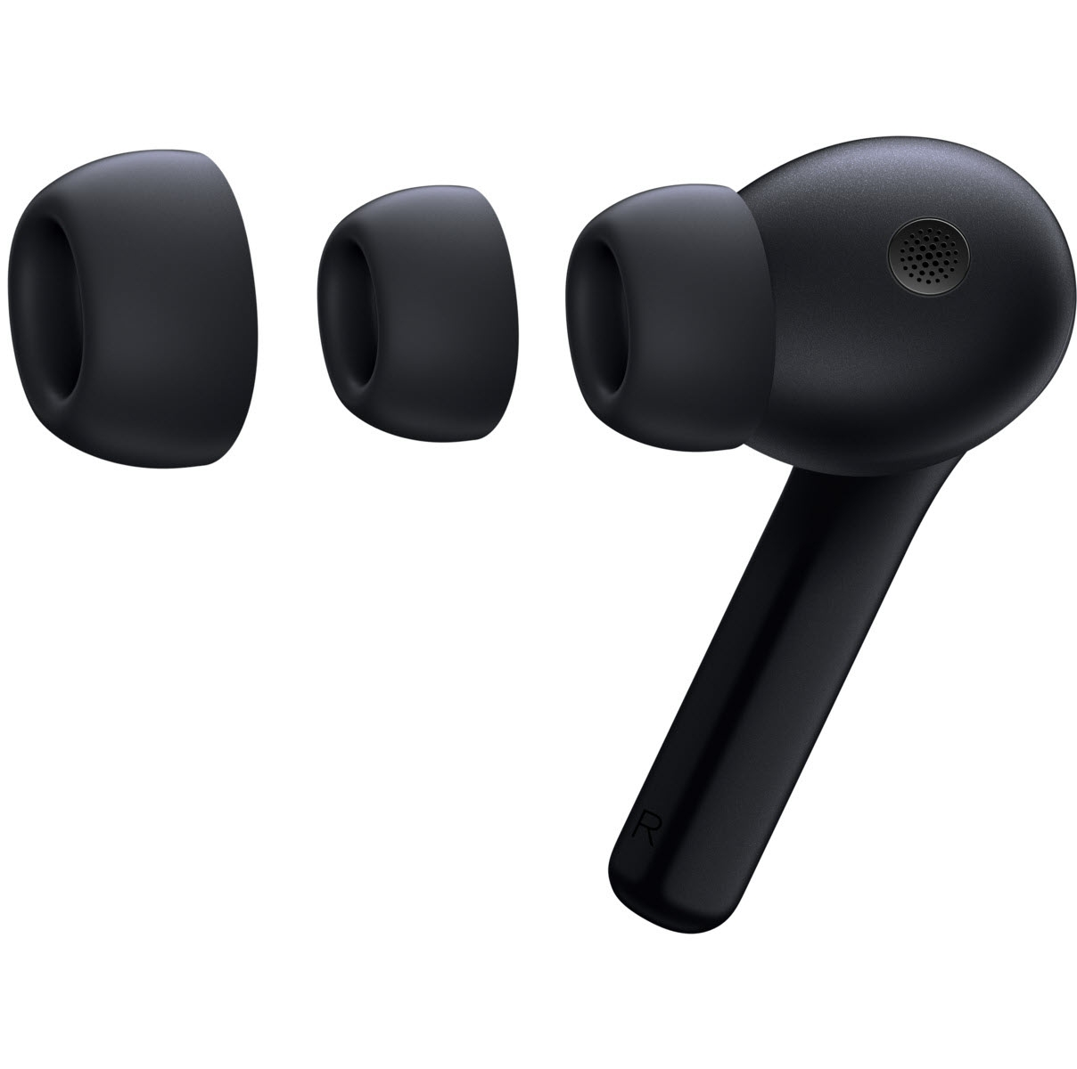 Auriculares inalámbricos negros con tres puntas extra. Aislados sobre blanco.