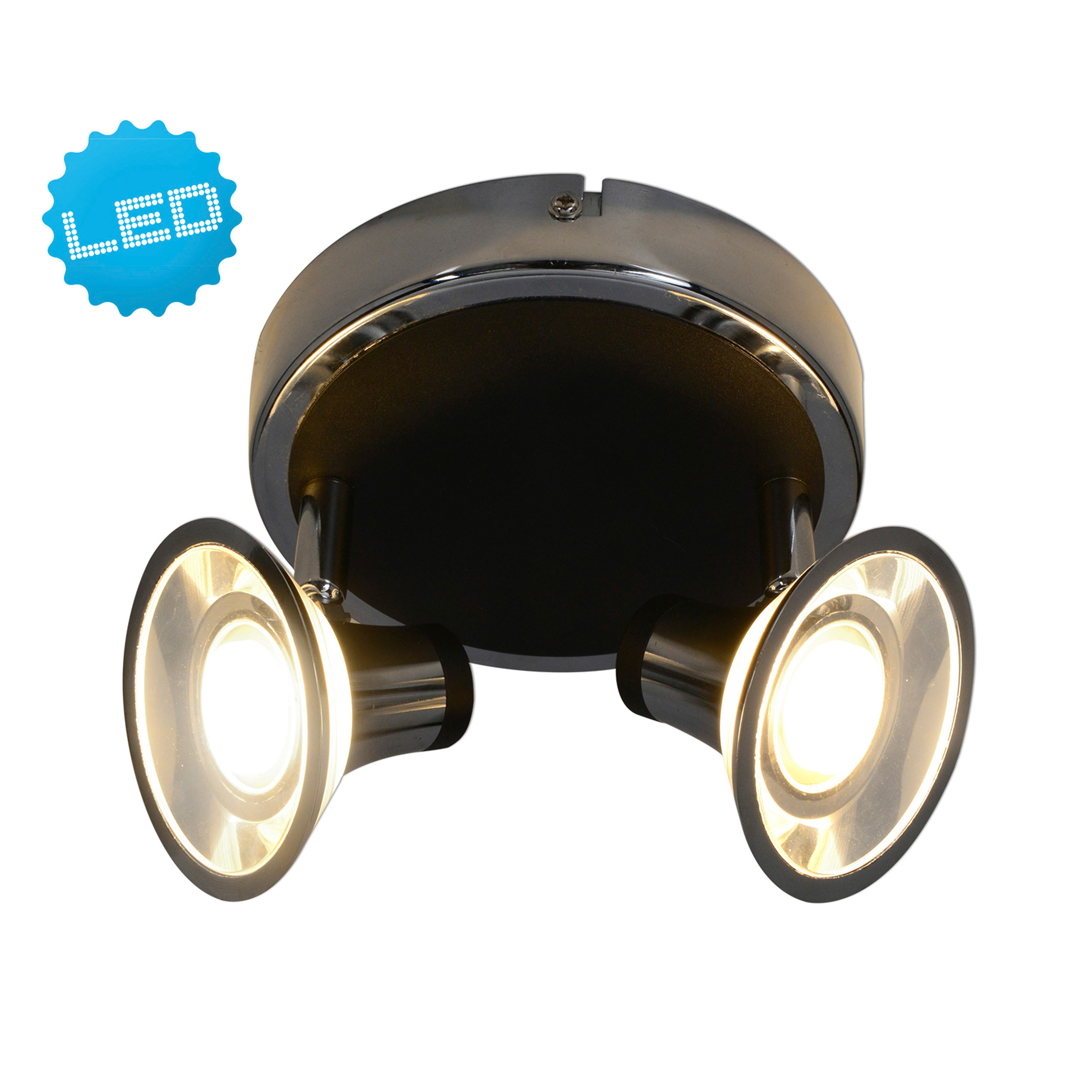 Zwei Scheinwerfer auf schwarzem Sockel, mit LED-Symbol, auf weißem Hintergrund.