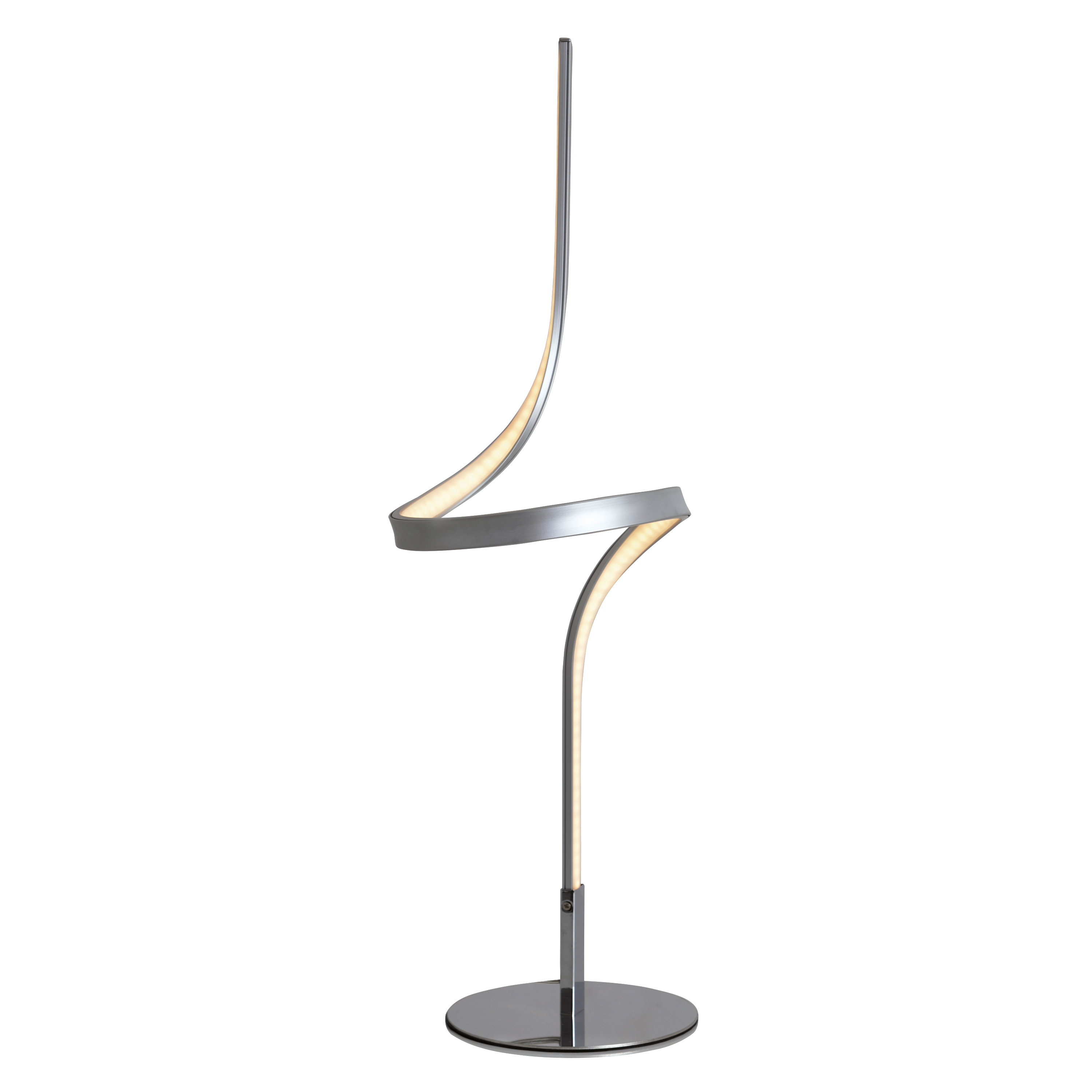Moderne silberne Stehlampe mit geschwungenem Design und rundem Fuß.