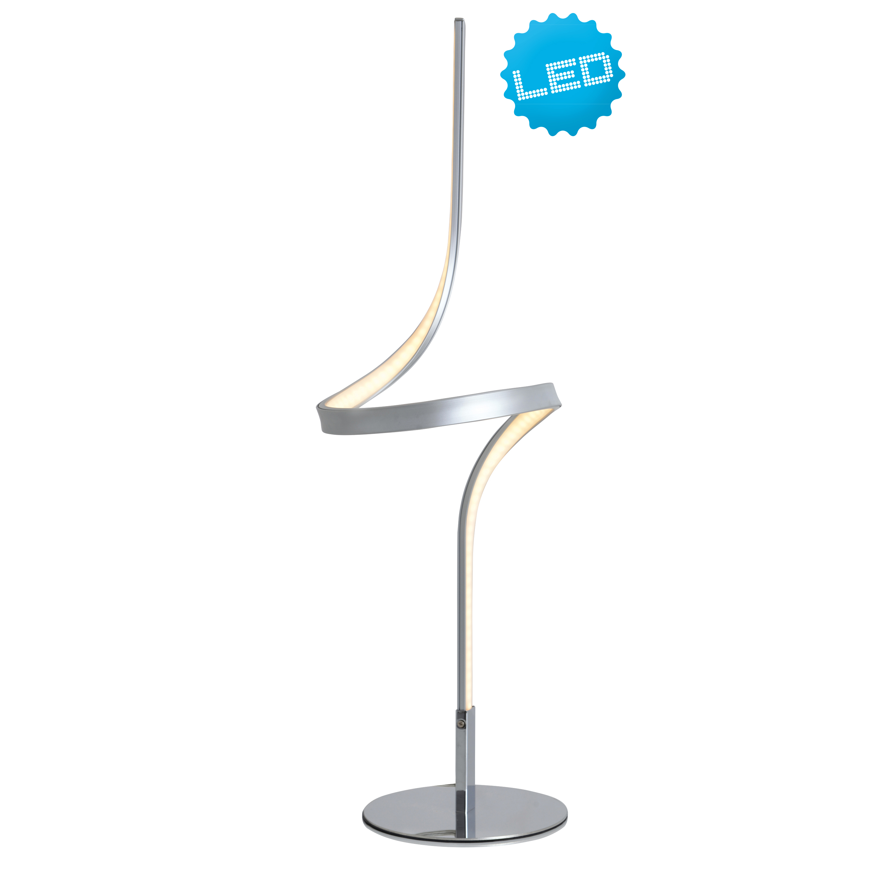 Eine silberne LED-Stehlampe mit geschwungenem Design. Sie hat einen runden Fuß und ein LED-Licht.