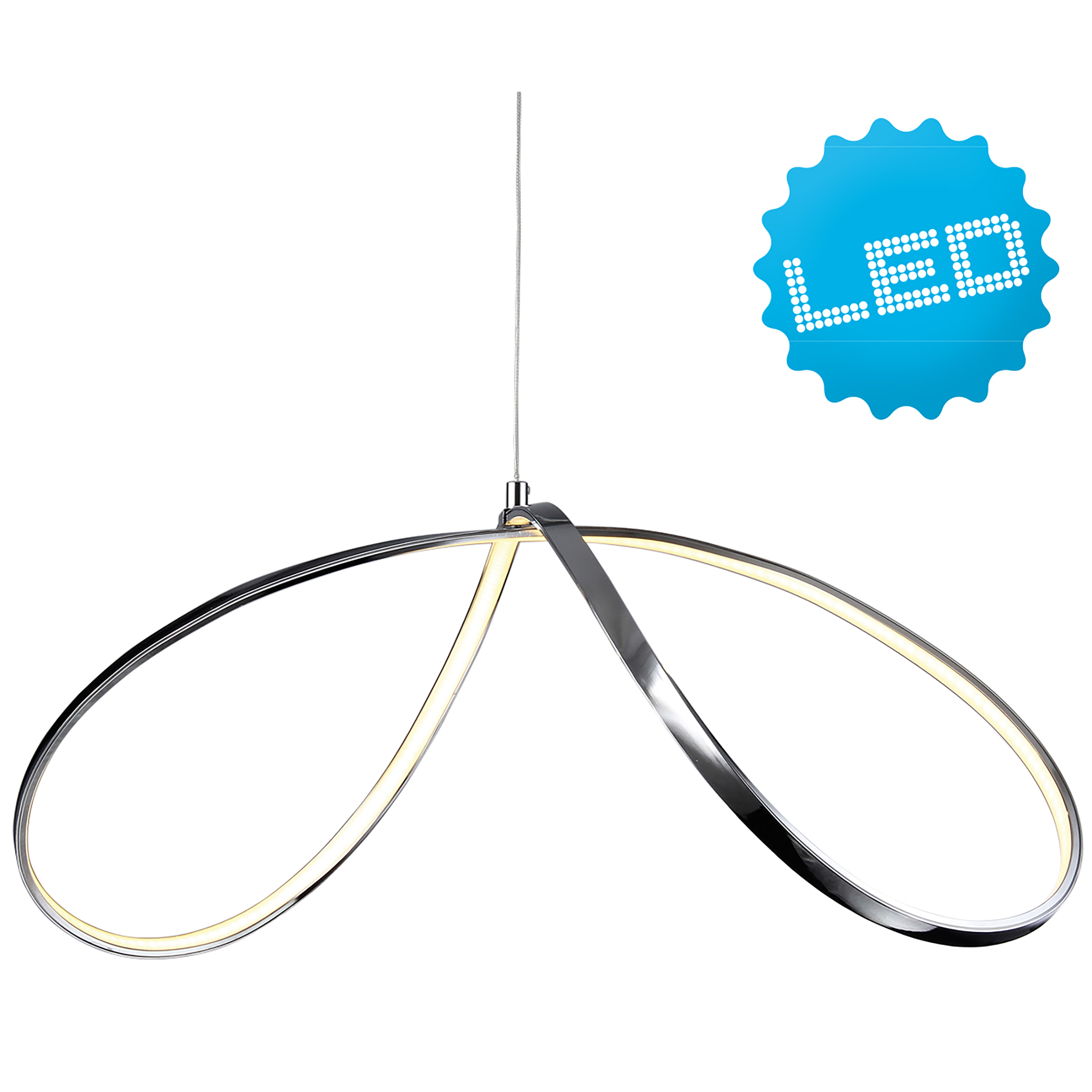 Eine moderne, silberne LED-Leuchte im Unendlichkeitsloop-Design mit blauem LED-Badge.
