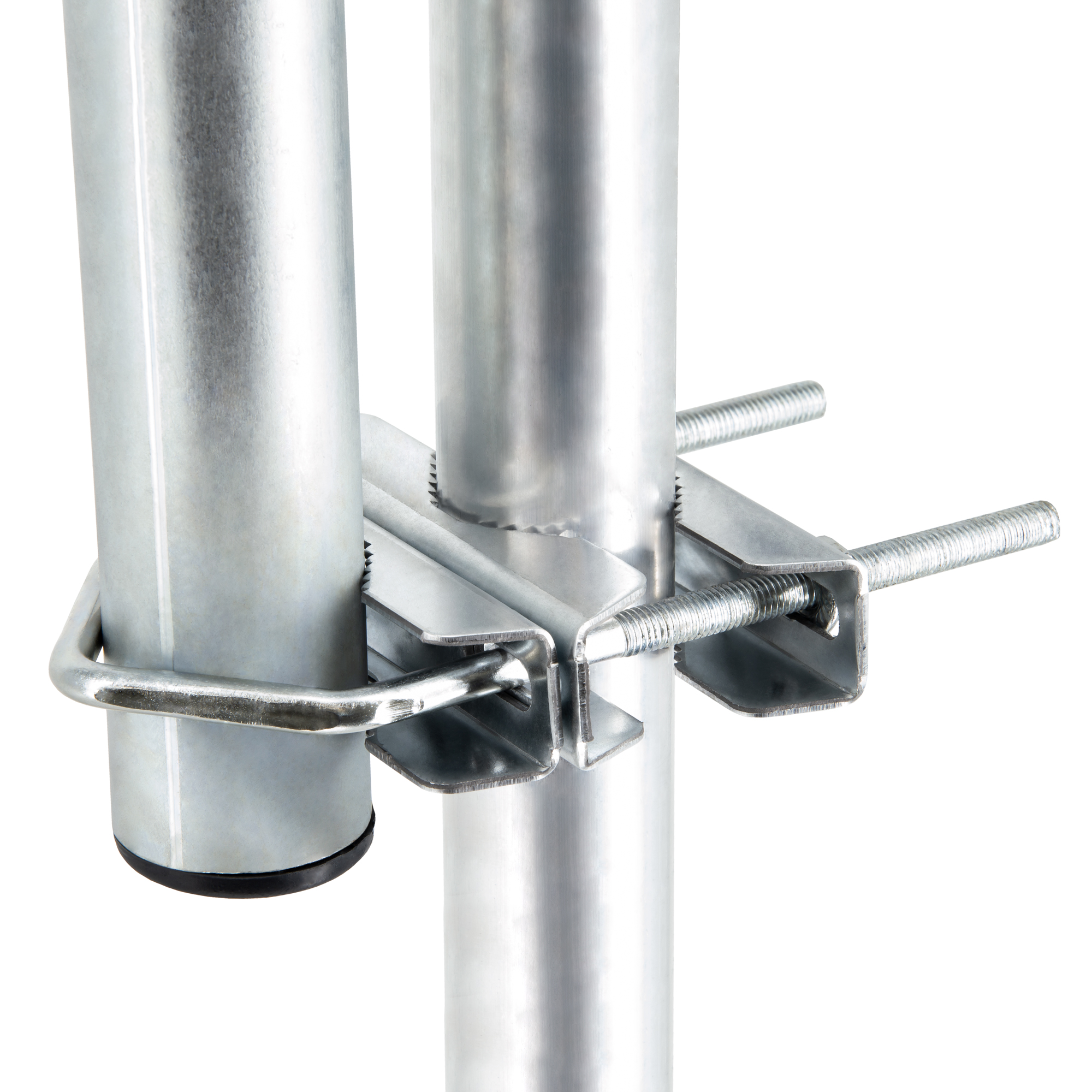 Metallklammern, die zwei Metallstangen zusammen sichern.
