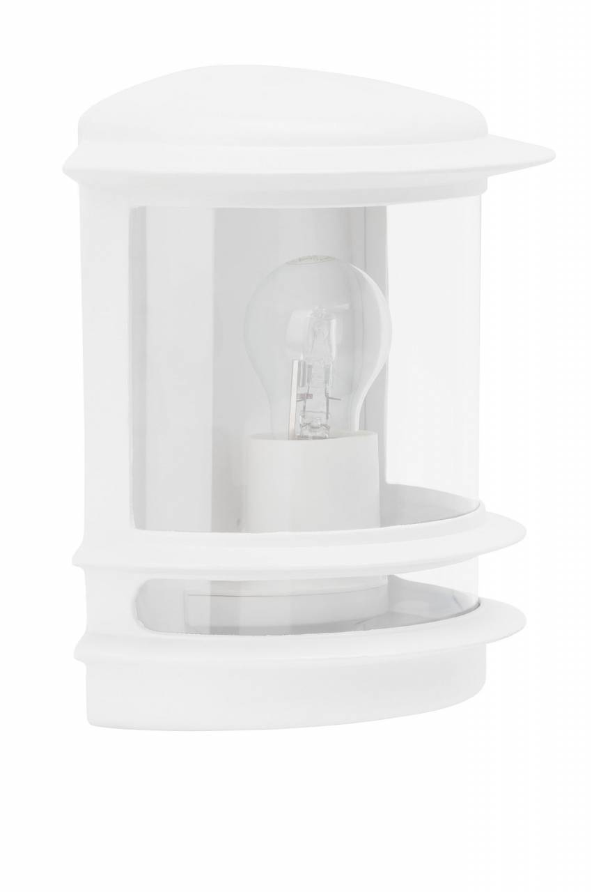 Weiße Lampe mit Glühbirne und klarem Glaszylinder.