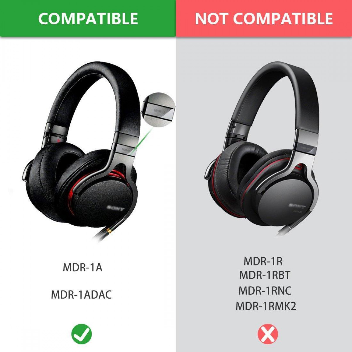 Bild zeigt kompatible und inkompatible Kopfhörer. MDR-1A ist kompatibel, MDR-1R nicht.