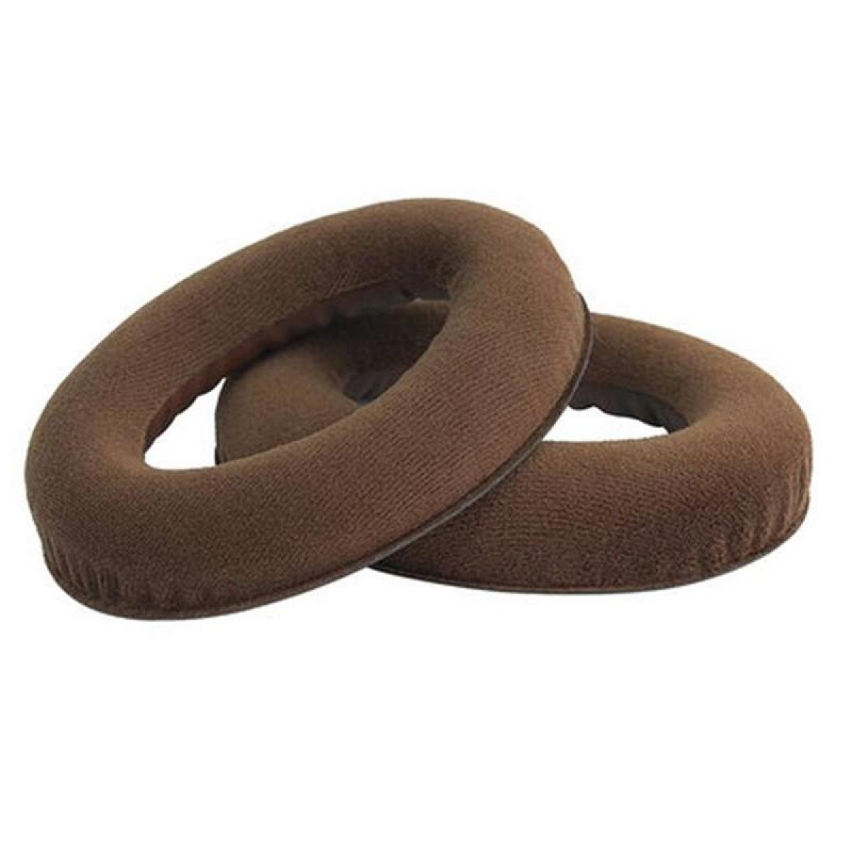 Due cuscinetti auricolari marroni per cuffie affiancati, che mostrano una consistenza morbida.