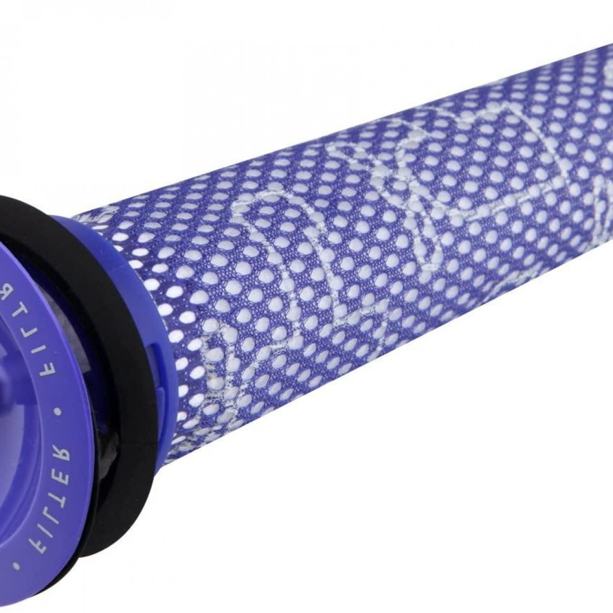 Lila und blauer Dyson-Staubsaugerfilter mit weißem Netz.