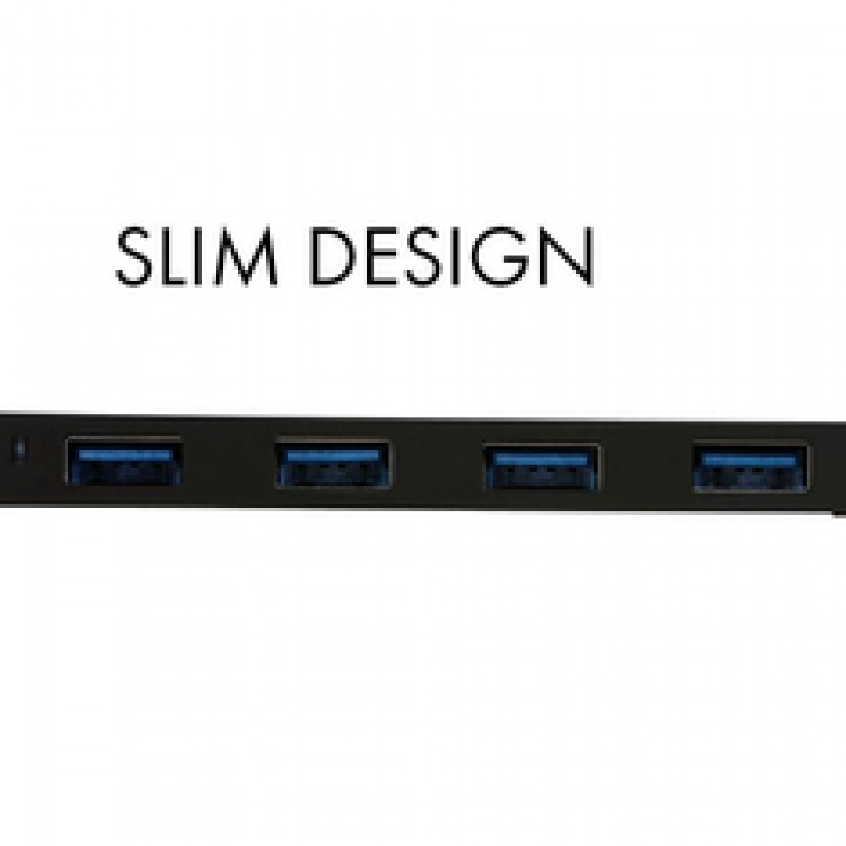 Hub USB nero con quattro porte USB. Testo 'SLIM DESIGN' sopra l'hub.