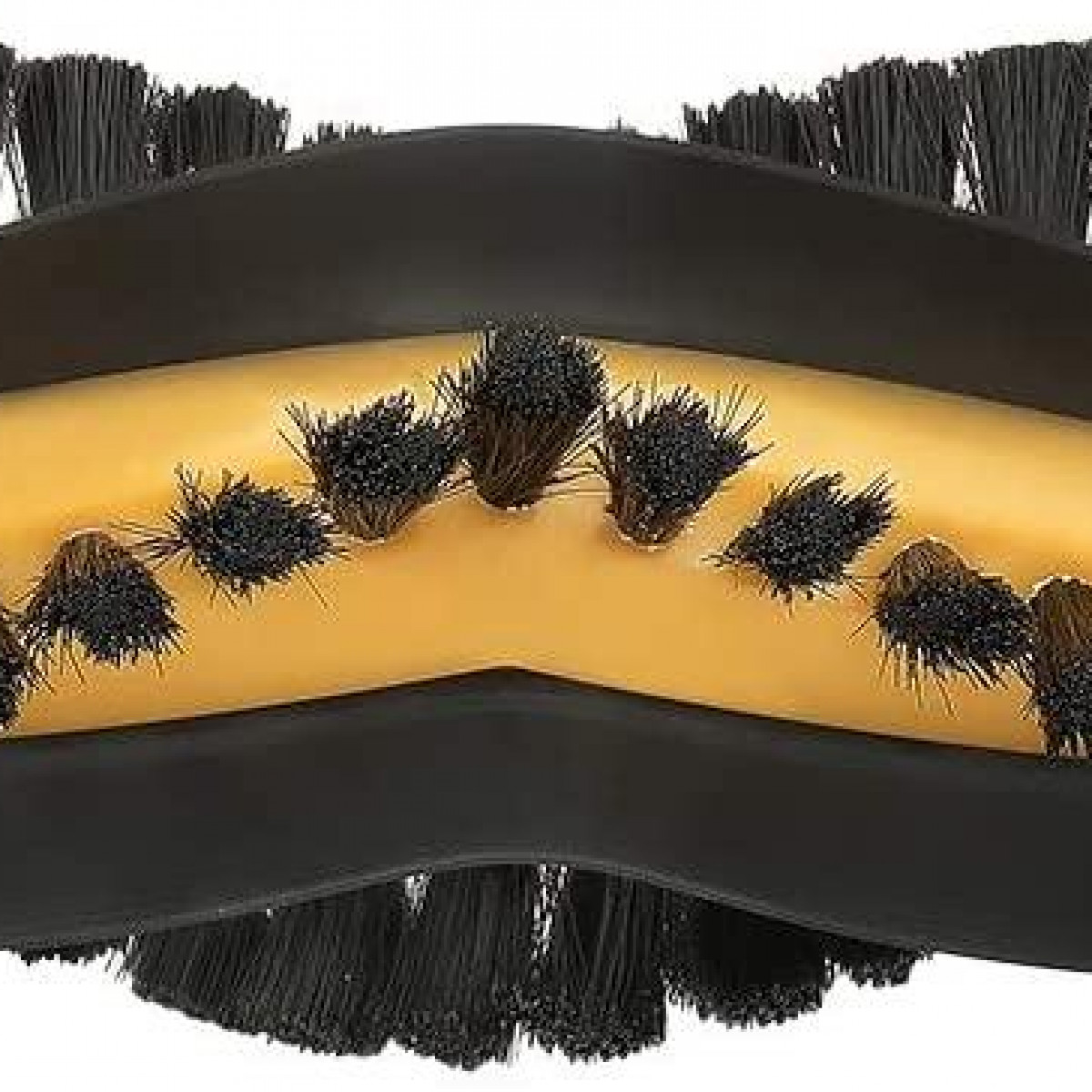 Schwarzer Staubsaugerbürstenkopf mit Borsten, gelbe Mitte.