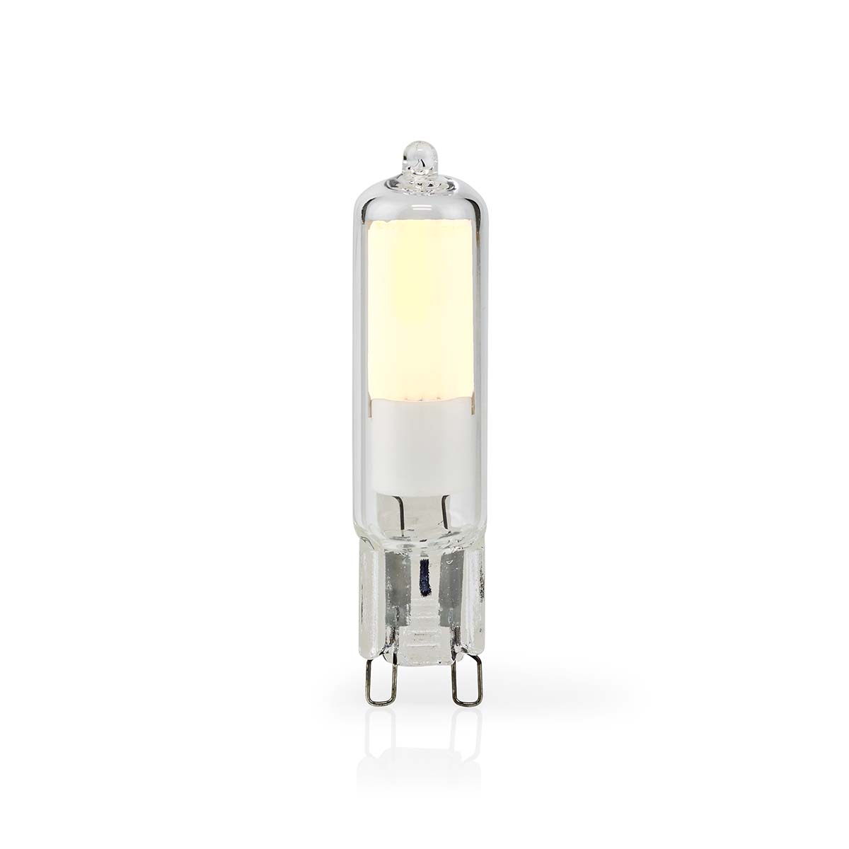 Una lampadina di vetro trasparente con base bianca e centro giallo brillante, su sfondo bianco.