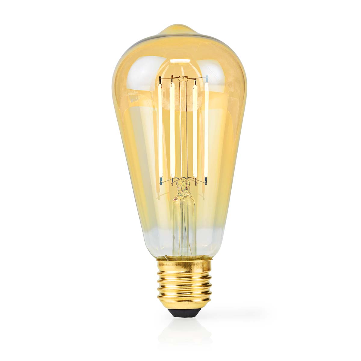 Una bombilla de estilo vintage con una carcasa de vidrio dorado y filamentos visibles. Tiene una base dorada y un fondo blanco.