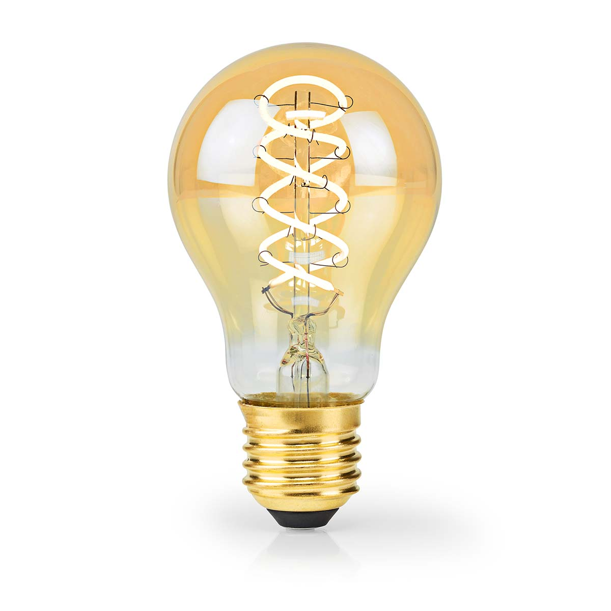 An amber-colored light bulb with a spiral filament and a gold base, on a white background.
