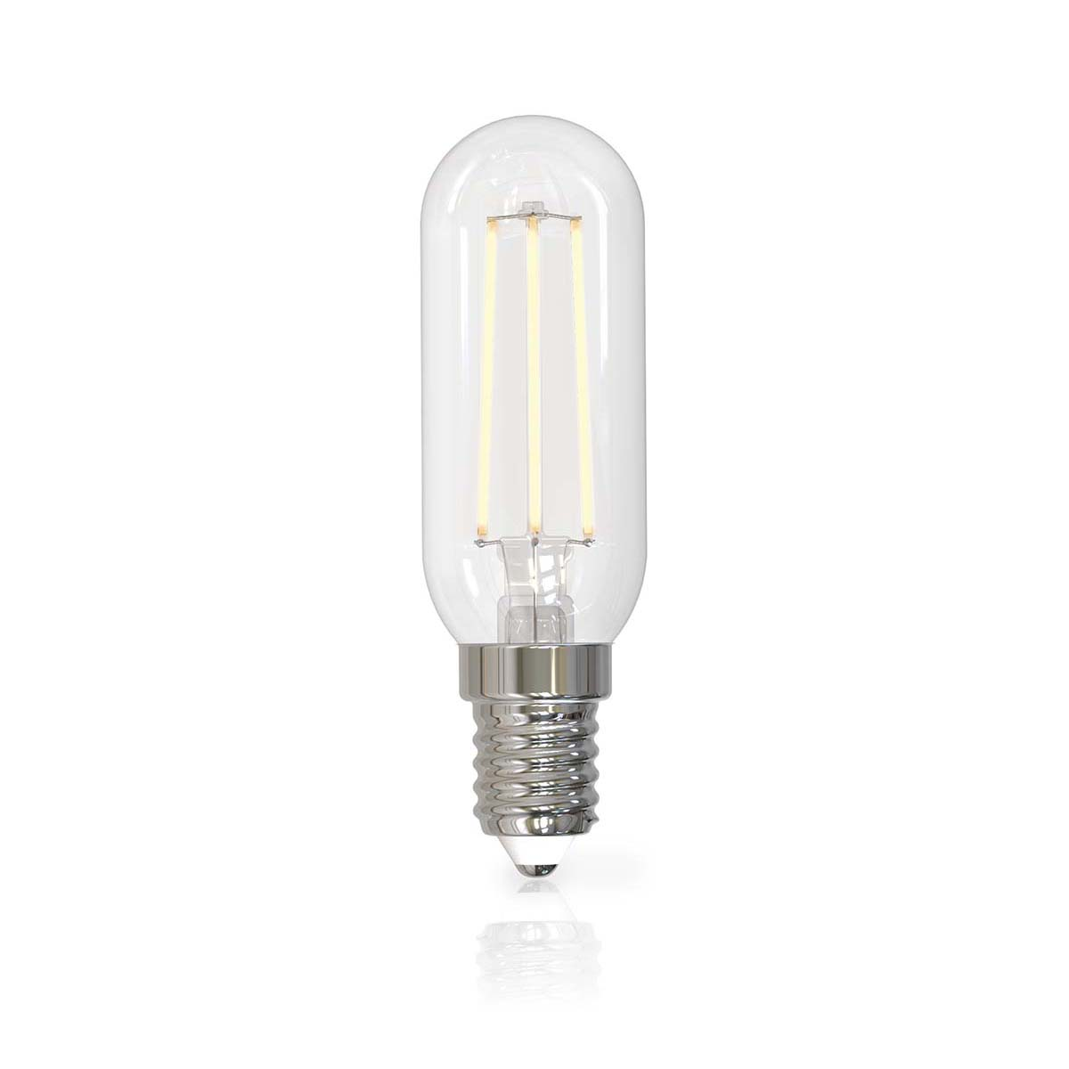 Una bombilla LED tubular transparente con base plateada y tres filamentos.