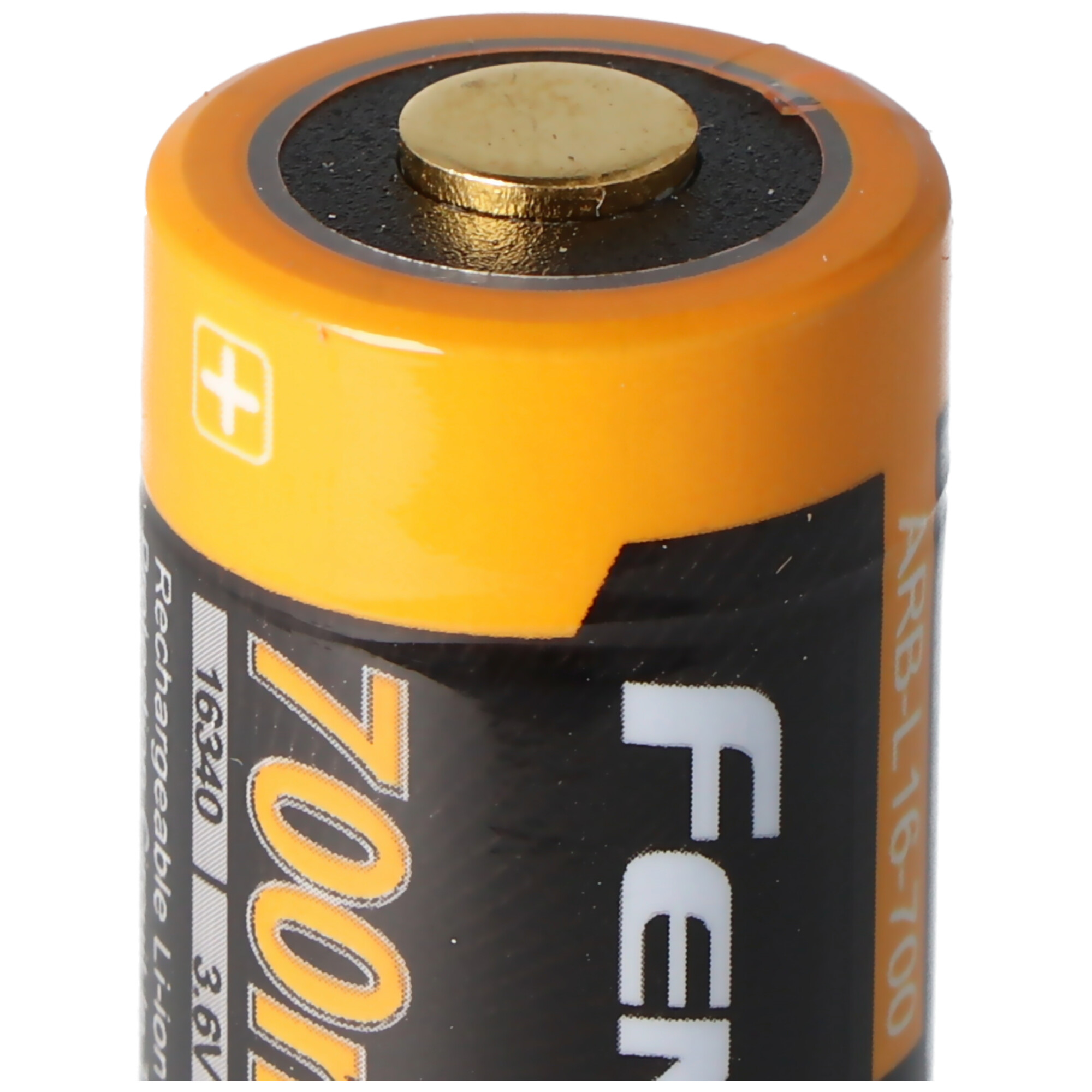 Een oplaadbare 16340 3.6V lithium batterij, oranje en zwart, met een gouden top.