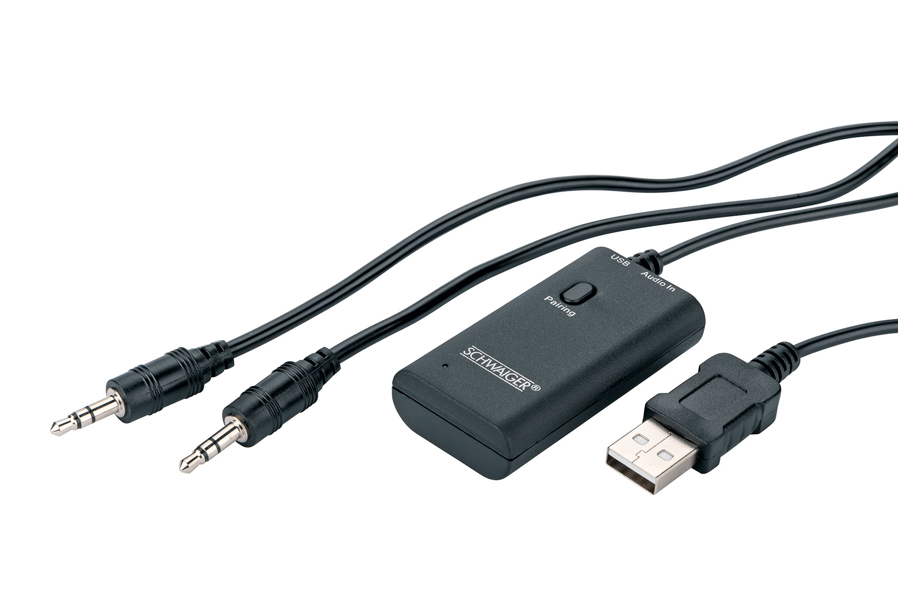 Schwarzer Adapter mit USB, Audio-Eingängen und zwei Audiobuchsen.