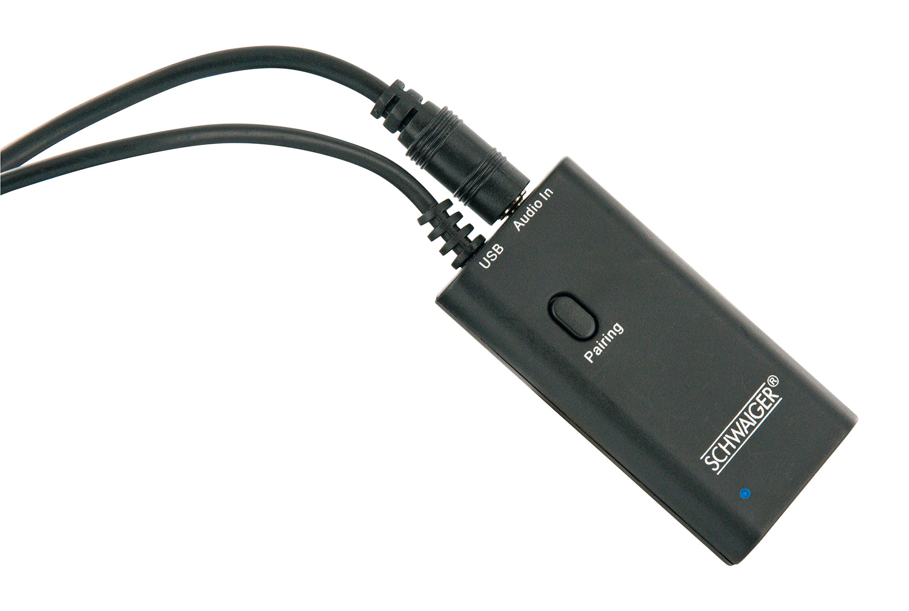 Schwarzer Bluetooth-Empfänger mit USB und Audio-Eingang. Er hat eine Pairing-Taste und den Markennamen.