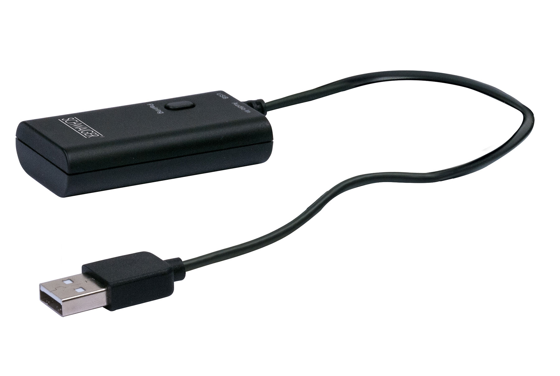 Schwarzer USB-Adapter mit 'SCHWAIGER'-Logo und einem daran angeschlossenen USB-Kabel. Weißer Hintergrund.